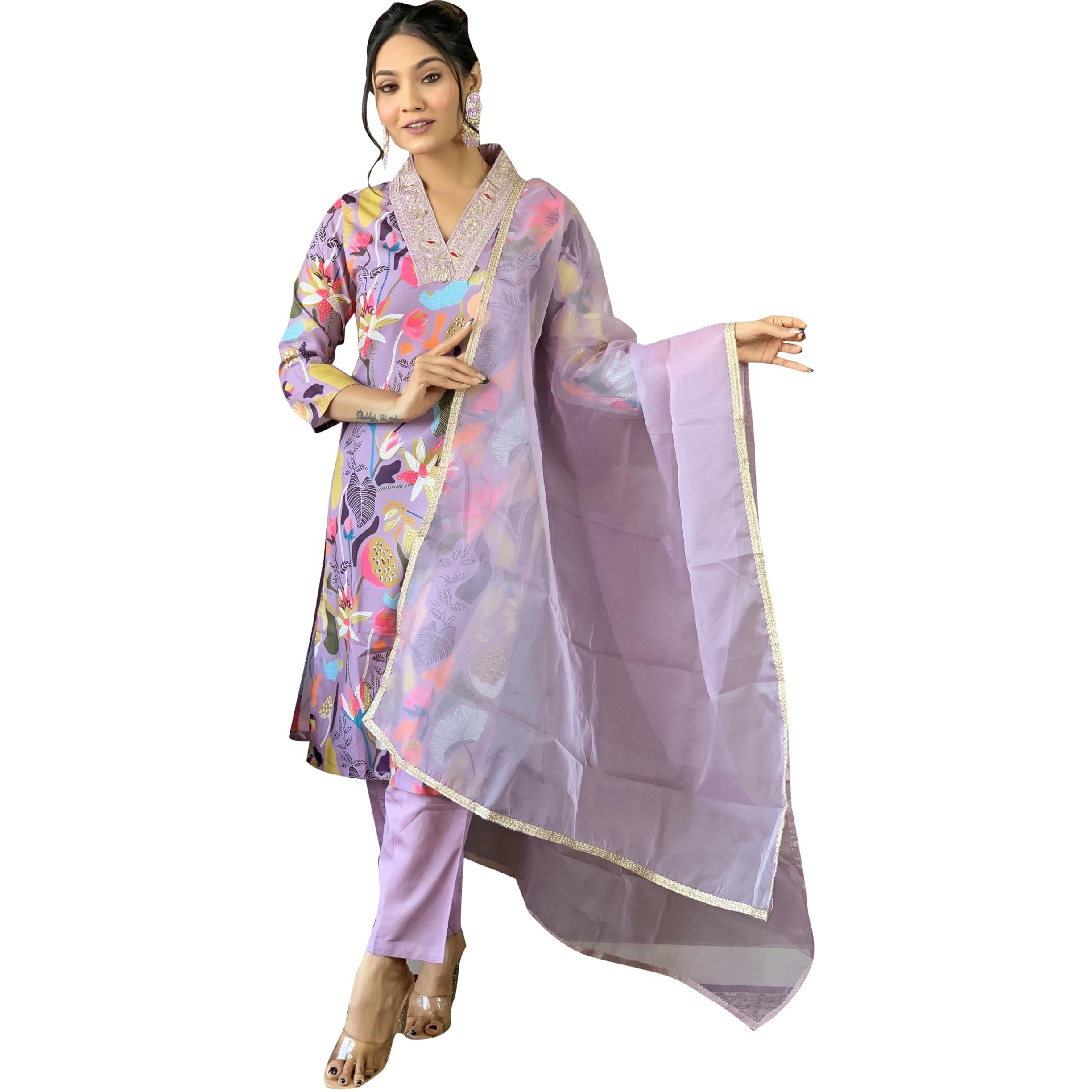 Naixa Womens Lavender Rayon Blend Embroidered and Printed Straight Kurta with Rayon Blend Pant and Organza Laced Dupatta Sets (NX-501-Lavender-XXL)
