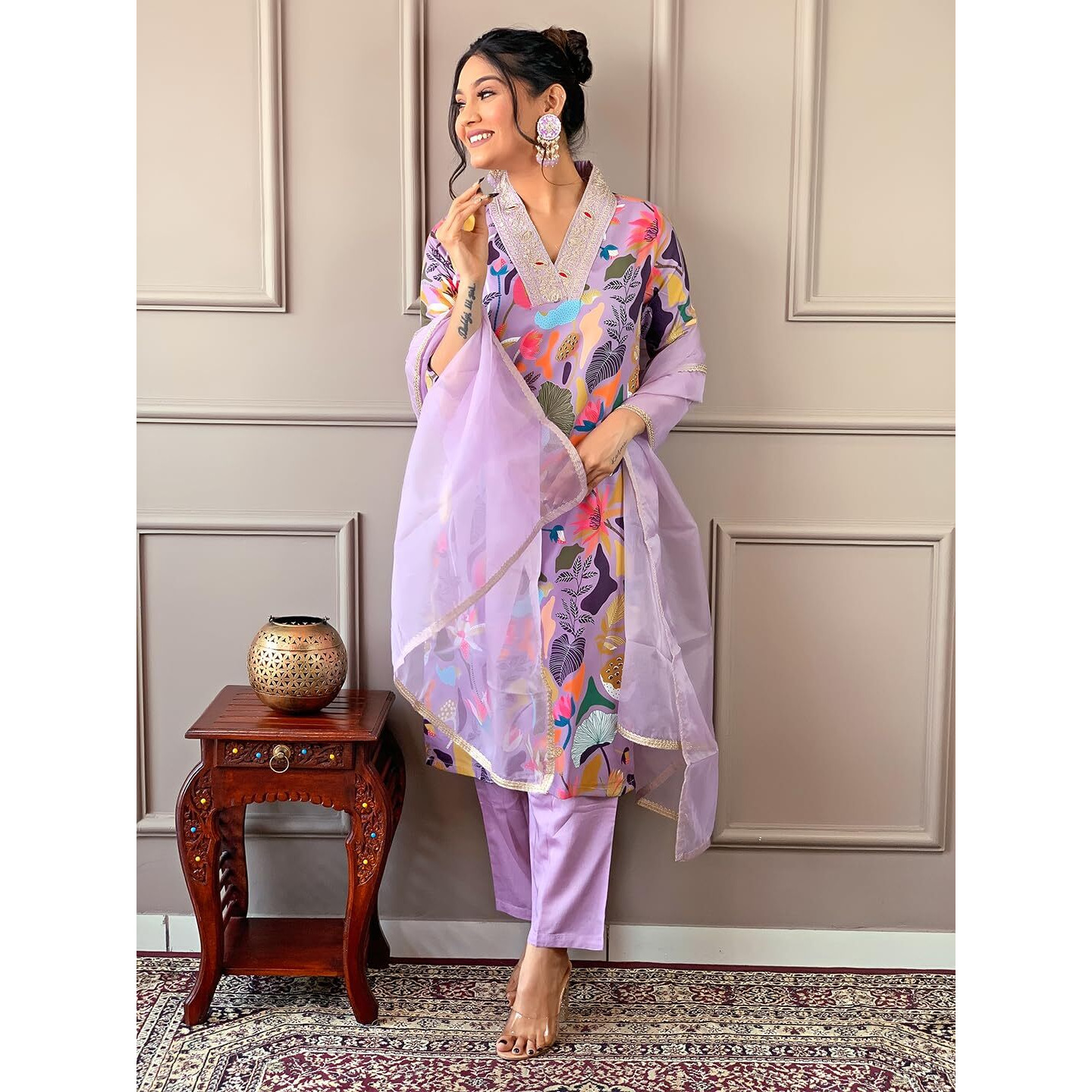 Naixa Womens Lavender Rayon Blend Embroidered and Printed Straight Kurta with Rayon Blend Pant and Organza Laced Dupatta Sets (NX-501-Lavender-XXL)