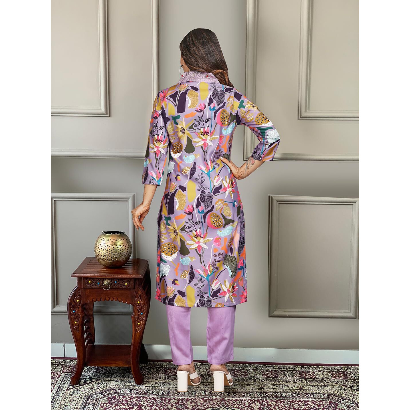 Naixa Womens Lavender Rayon Blend Embroidered and Printed Straight Kurta with Rayon Blend Pant and Organza Laced Dupatta Sets (NX-501-Lavender-XXL)