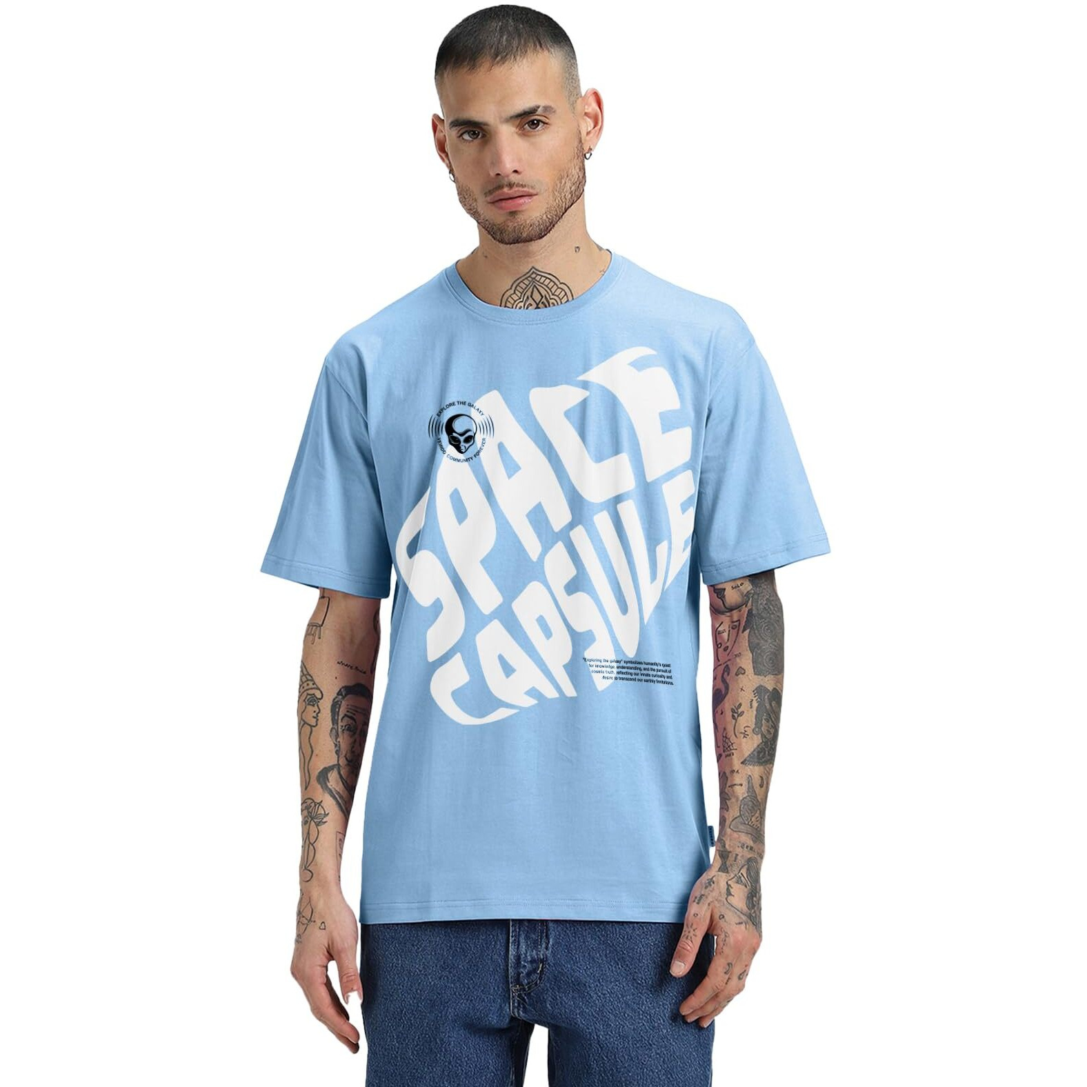 Veirdo Pure Cotton Half Sleeve Round Neck Oversized Fit Graphic Print Blue T-Shirt Men/Boys (OS_V_SPCECPSUL_BL_XXL) (Available in from S to 2XL)