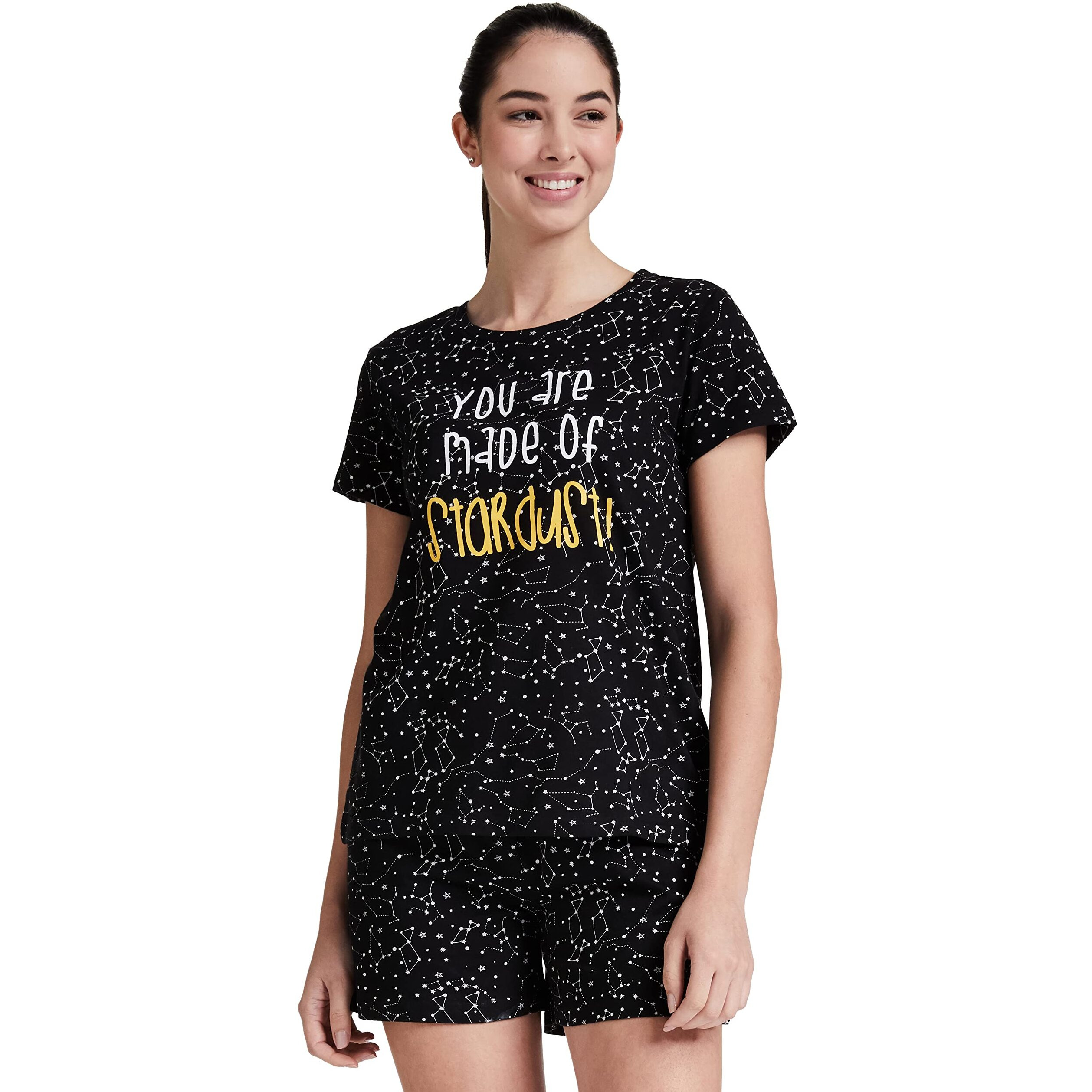 Amazon Brand - Eden & Ivy Womens Cotton Nightwear Sets Regular (EI-AW20SET02-SC-02_Star Black_X-Small)