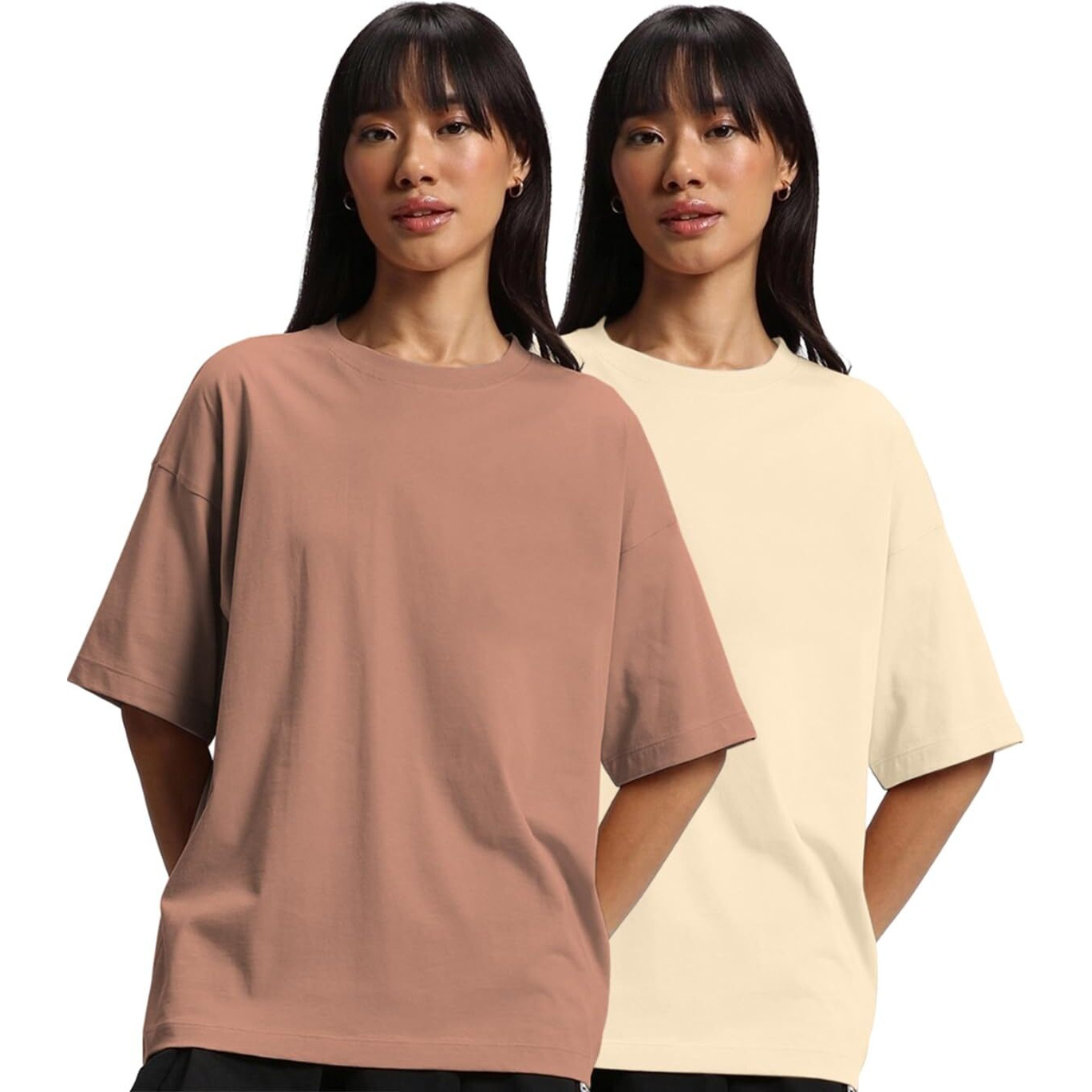 JUNEBERRY Pure Cotton Drop Shoulder Oversized Baggy Fit Half Sleeve Plain Solid Round Neck Multicolor T-Shirt for Women & Girls (Pack of 2) (PO2_OS_JB_SW_CR_L)