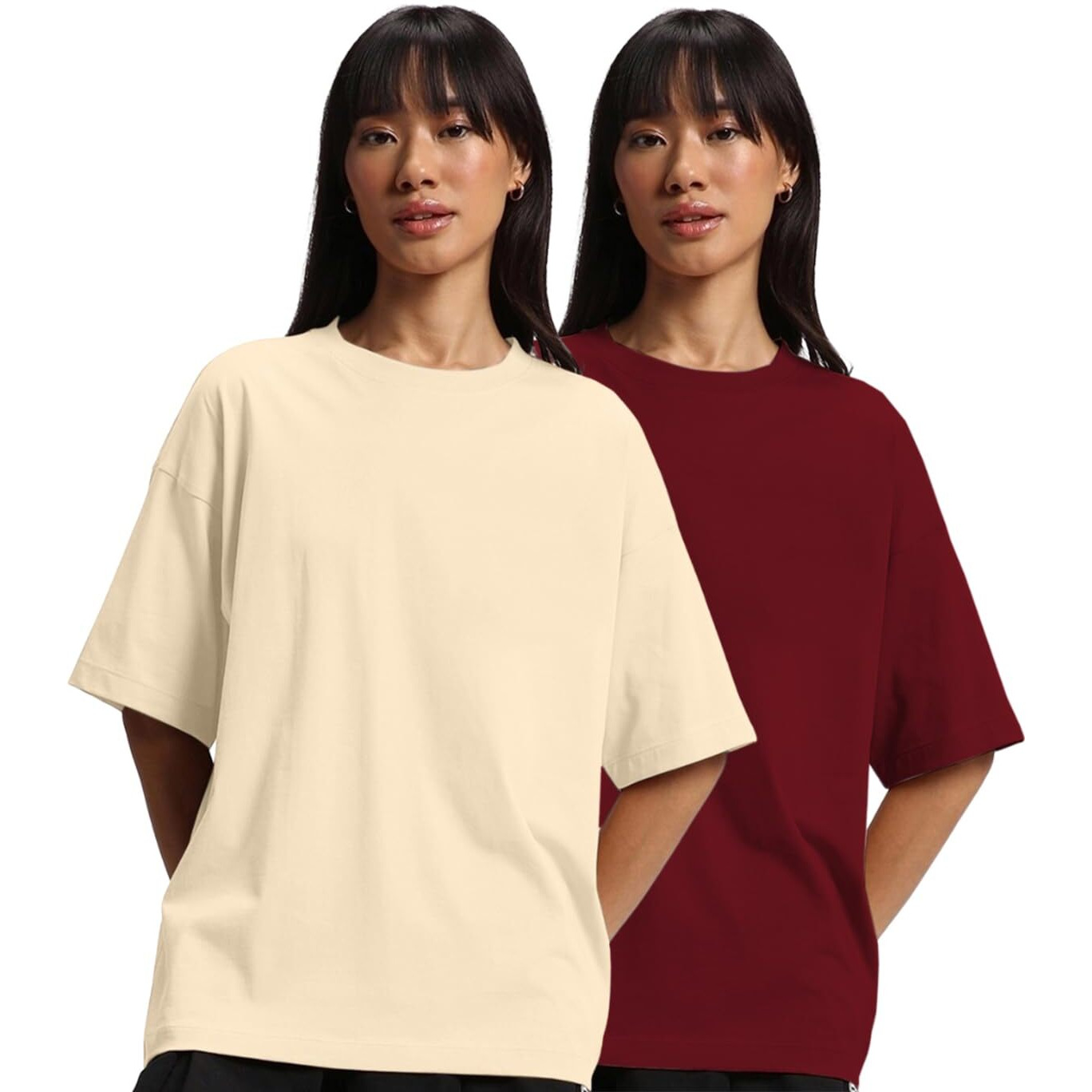 JUNEBERRY Pure Cotton Drop Shoulder Oversized Baggy Fit Half Sleeve Plain Solid Round Neck Multicolor T-Shirt for Women & Girls (Pack of 2) (PO2_OS_JB_MR_SW_S)