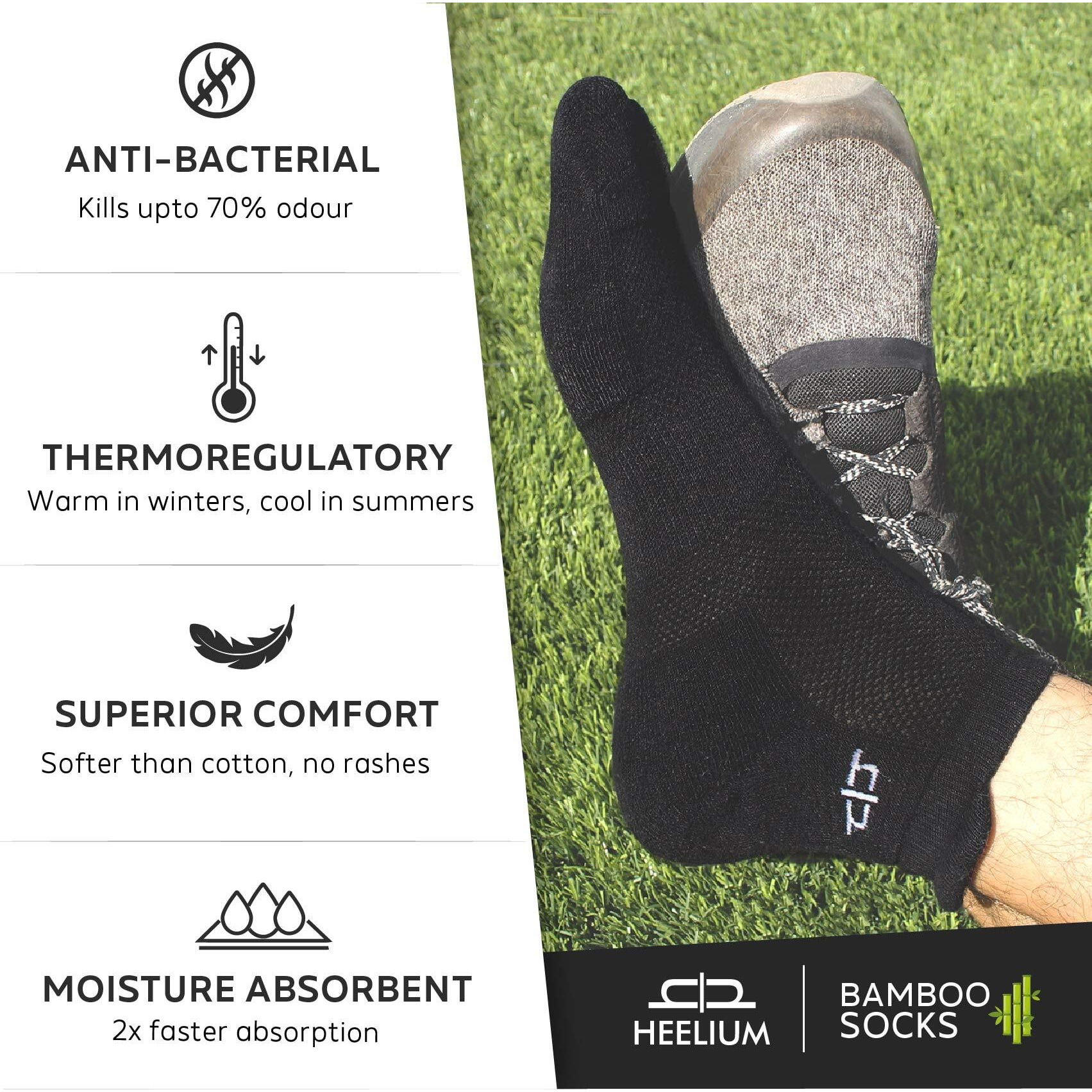 HEELIUM Bamboo Socks For Men Ankle Length Anti-Odour & Breathable Padded Base & Anti-Bacterial Softer Than Cotton Made In India - Black