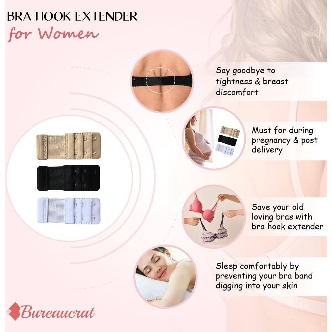 Bureaucrat Elastic Bra Hook Extender-(2 Hook/3 Eye & 3 Hook/3 Eye) with Extra Elastic- Increase Band Length-Bra Hook Extender Combo for Women (2 Hooks -(Beige Pack of 6))