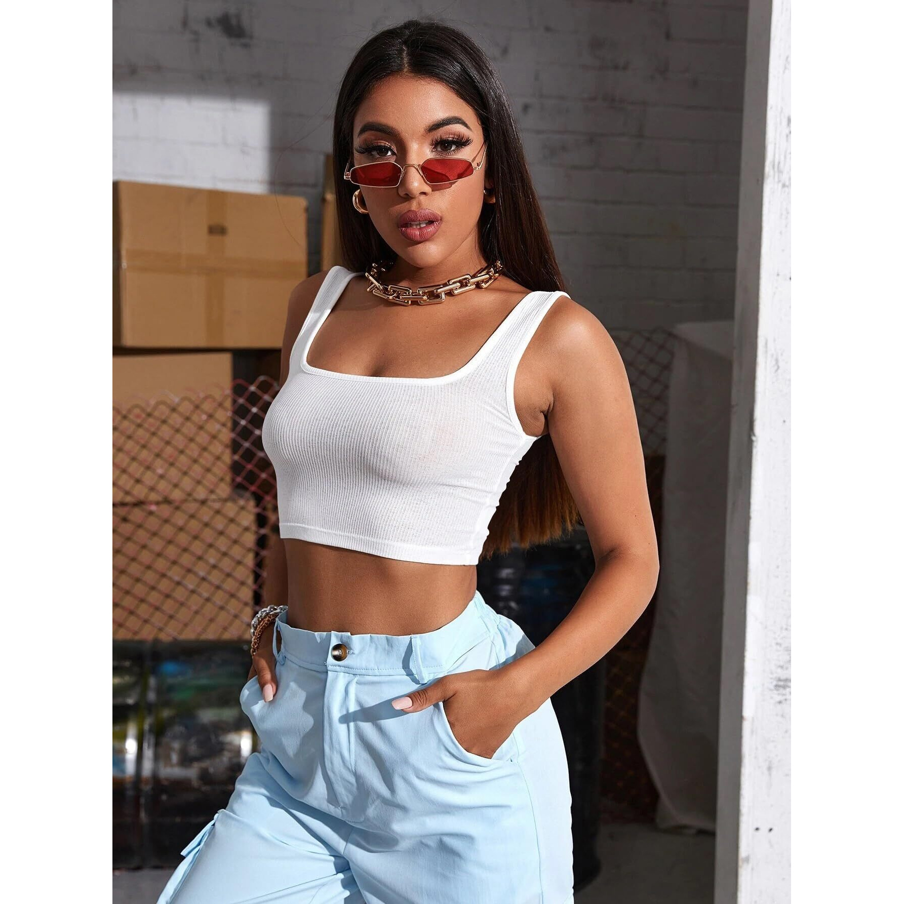 Sugathari Womens & Girls Solid Ribbed Boat Neck Sleeveless Crop Tops for Women (Top 36 White L)