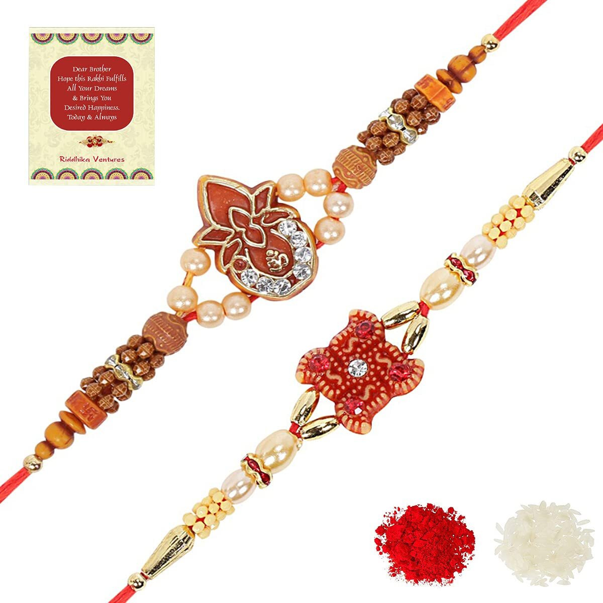 Riddhika Ventures Stylish Kundan and AD Ring Rakhi (Set of 2) (Bracelet) with Roli Chawal and Greeting Card (B1C1)