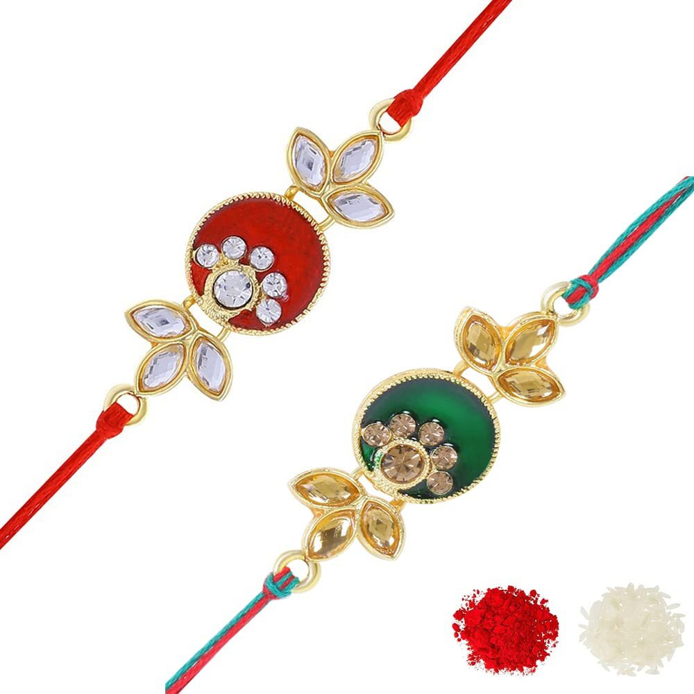 Riddhika Ventures Stylish Kundan and AD Ring Rakhi (Set of 2) (Bracelet) with Roli Chawal and Greeting Card (P8P9)
