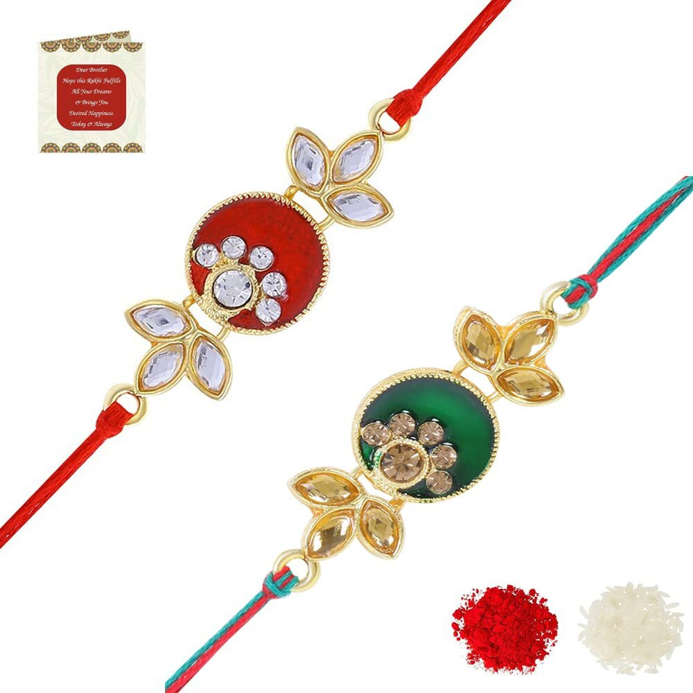 Riddhika Ventures Stylish Kundan and AD Ring Rakhi (Set of 2) (Bracelet) with Roli Chawal and Greeting Card (P8P9)
