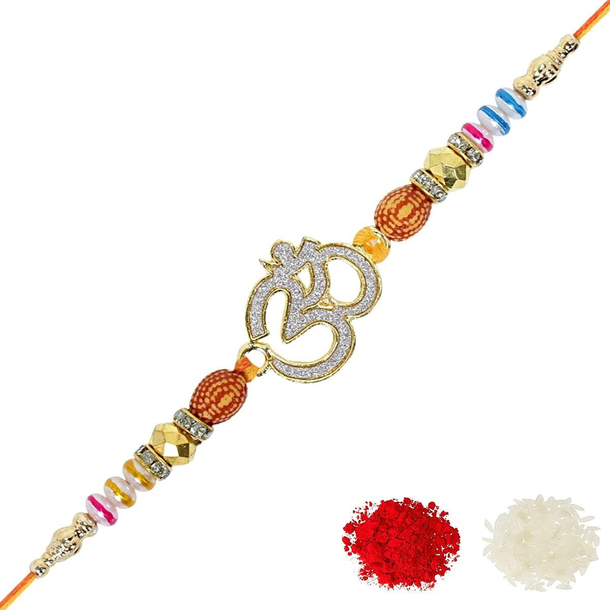 Riddhika Ventures Glorious Gold Plated Auspicious and Diamond Ring Rakhi with Roli Chawal and Greeting Card (N1)