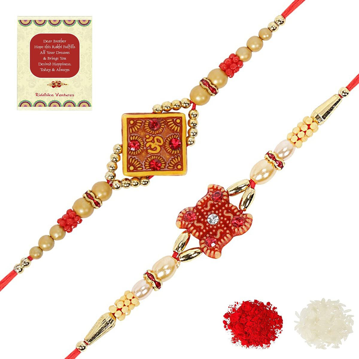 Riddhika Ventures Stylish Kundan and AD Ring Rakhi (Set of 2) (Bracelet) with Roli Chawal and Greeting Card (A1C1)