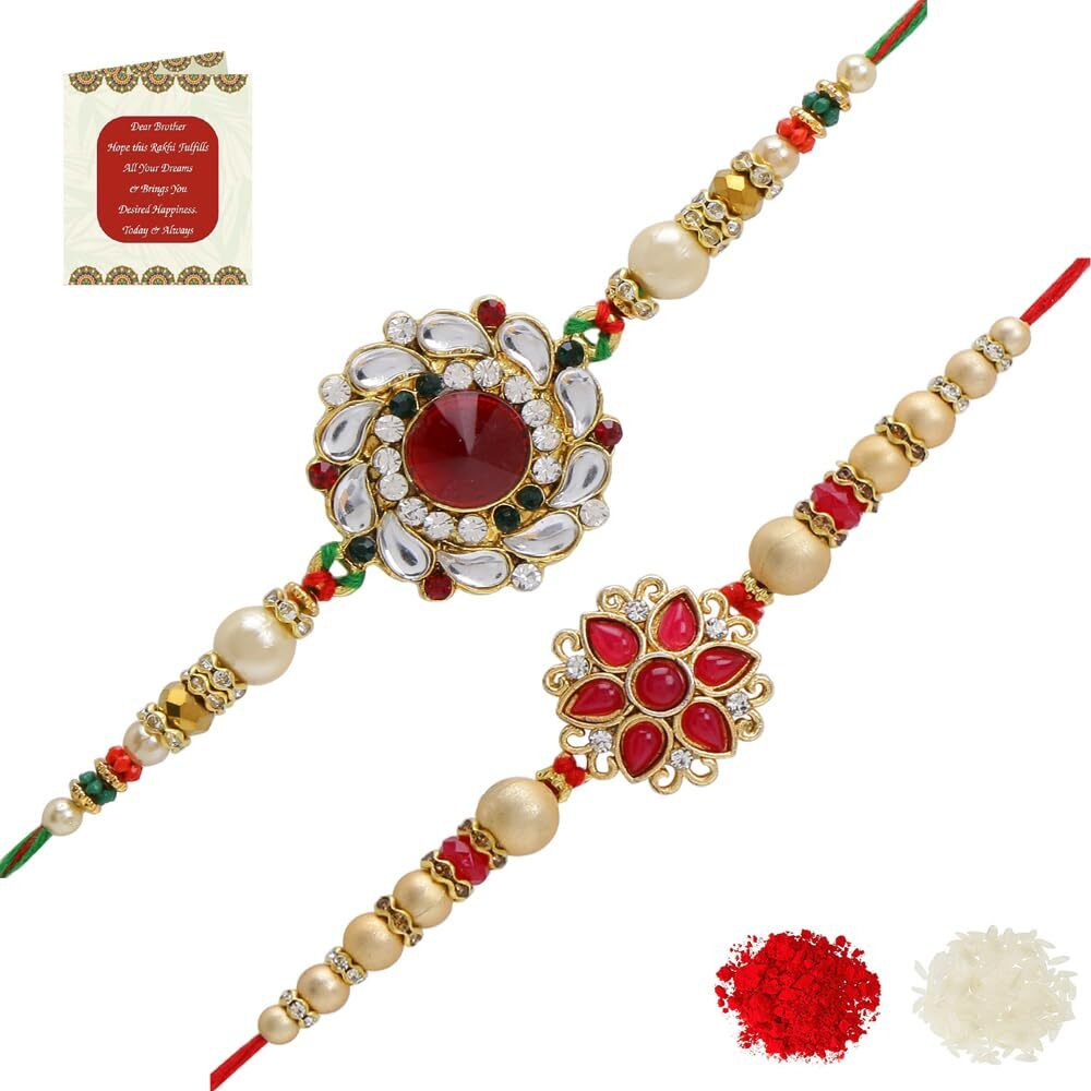 Riddhika Ventures Stylish Kundan and AD Ring Rakhi (Set of 2) (Bracelet) with Roli Chawal,Greeting Card and One Religious Keychain (K11K14K)
