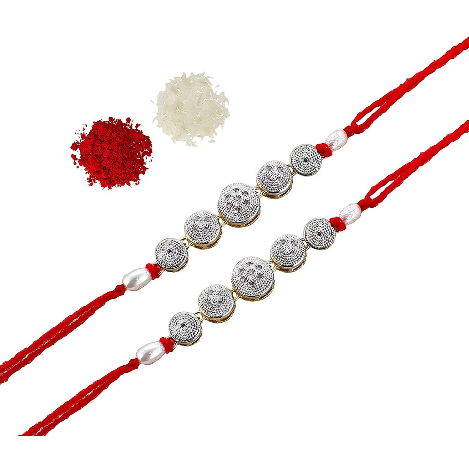 Lucky Jewellery Designer Fancy Traditional Rakhi Gold Plated Red Thread For Bro/Brother/Bhaiya/Bhai/Bhabhi (Pack of 2) Rakshabandan Rakhe Crystal and White Stone Rakhee Bracelet Rakshasutra For Boys & Men (224-WEMR1-E2292-W)