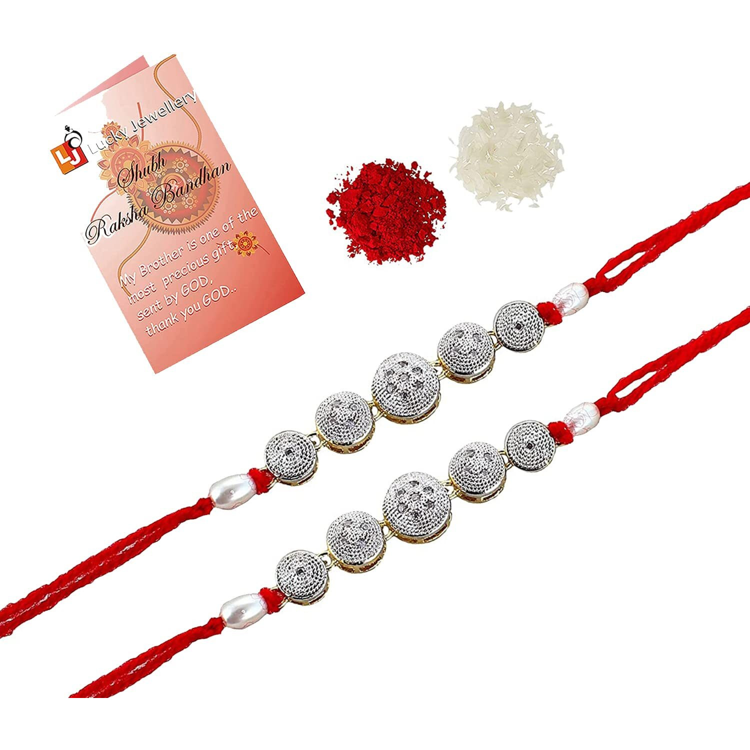 Lucky Jewellery Designer Fancy Traditional Rakhi Gold Plated Red Thread For Bro/Brother/Bhaiya/Bhai/Bhabhi (Pack of 2) Rakshabandan Rakhe Crystal and White Stone Rakhee Bracelet Rakshasutra For Boys & Men (224-WEMR1-E2292-W)