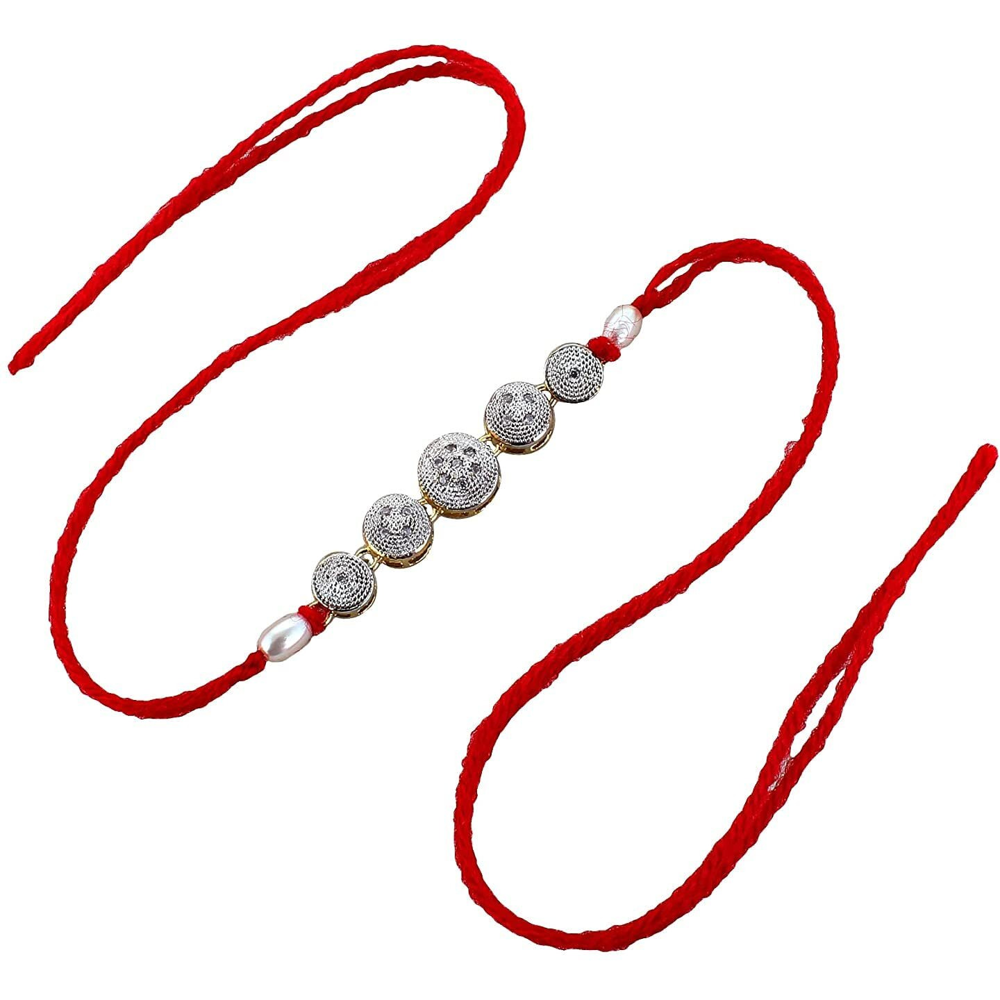 Lucky Jewellery Designer Fancy Traditional Rakhi Gold Plated Red Thread For Bro/Brother/Bhaiya/Bhai/Bhabhi (Pack of 2) Rakshabandan Rakhe Crystal and White Stone Rakhee Bracelet Rakshasutra For Boys & Men (224-WEMR1-E2292-W)