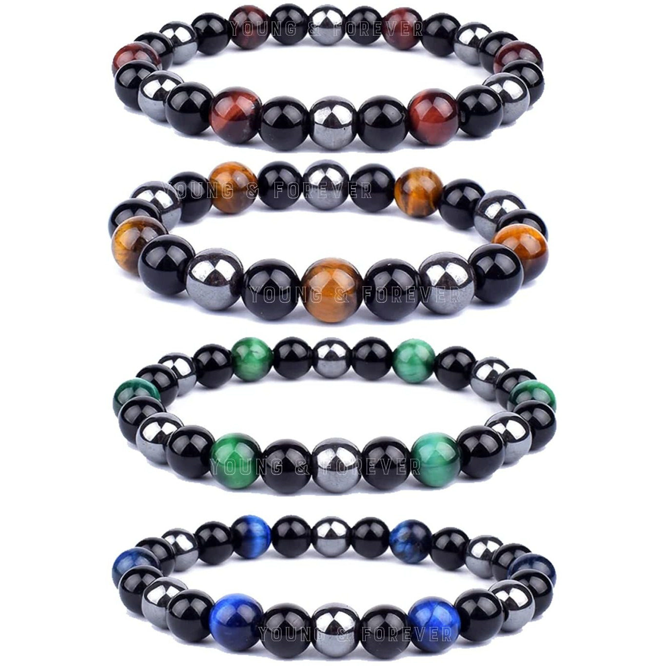 Young & Forever Gift Rakhi Gift For Brother Reiki Infused Handmade Chakra Bracelets For Women Semi Precious Gemstone Tiger Eye Onyx Hematite Weight Loss Healing Crystal Bracelet For Men, Pack Of 4