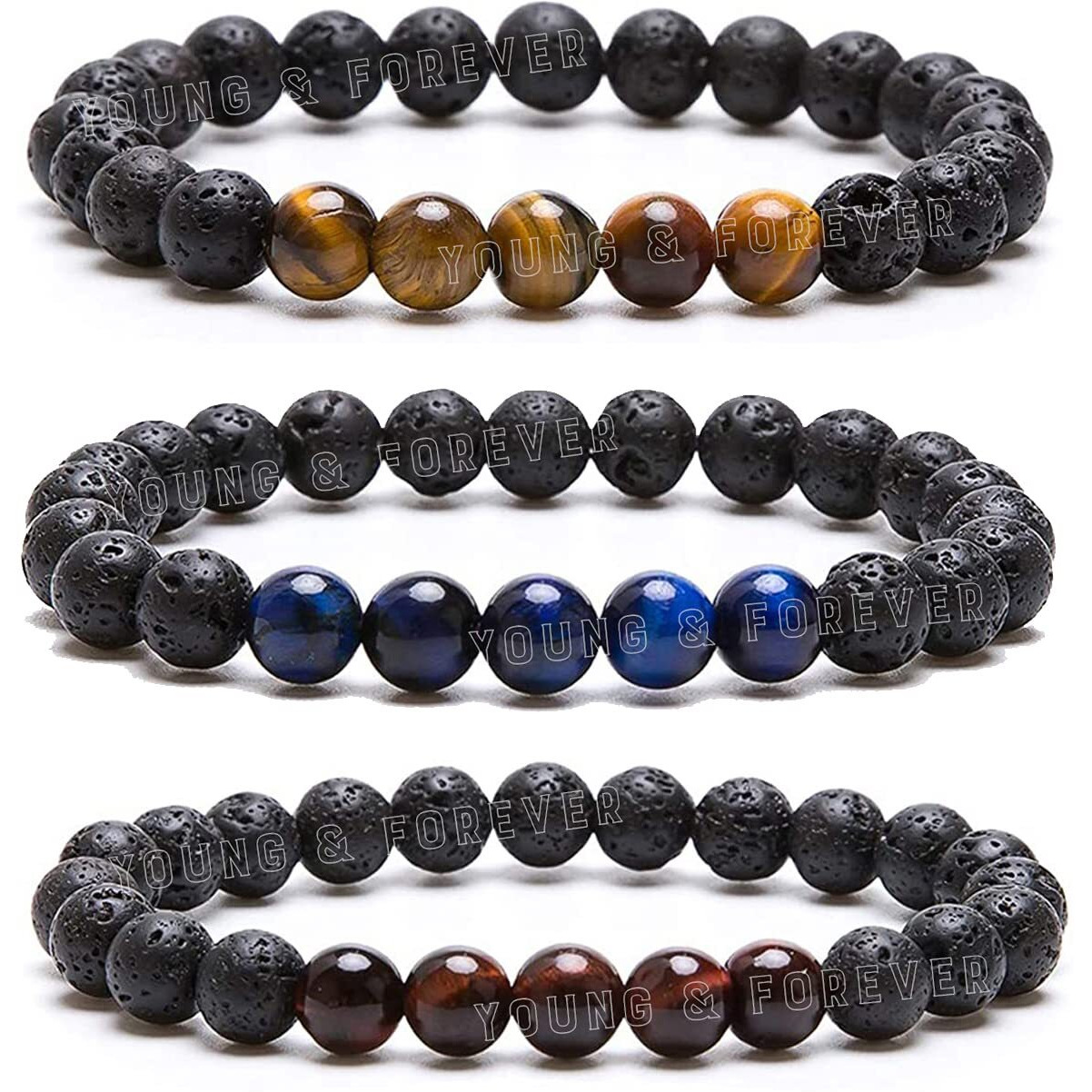 Young & Forever Gift Valentine Gift For Girlfriend Boyfriend Rakhi Gift For Brother Reiki Infused Handmade Chakra Bracelets For Women Semi Precious Gemstone Blue Tiger Eye For Men, Pack Of 3 Pcs