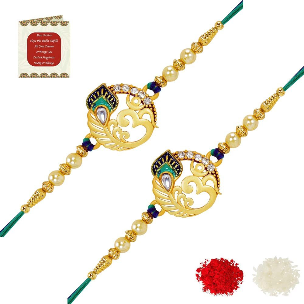 Riddhika Ventures Stunning Gold Plated Designer Brothers Rakhi (Set of2) with Roli Chawal and Greeting Card (P3P3)