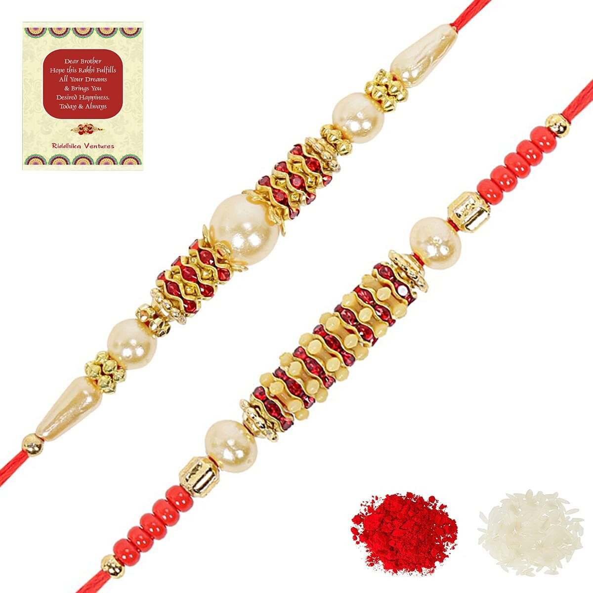 Riddhika Ventures Base Metal With Pearl Festival Rakhi Bracelet With Roli Chawal And Greeting Card For Men (multicolour)