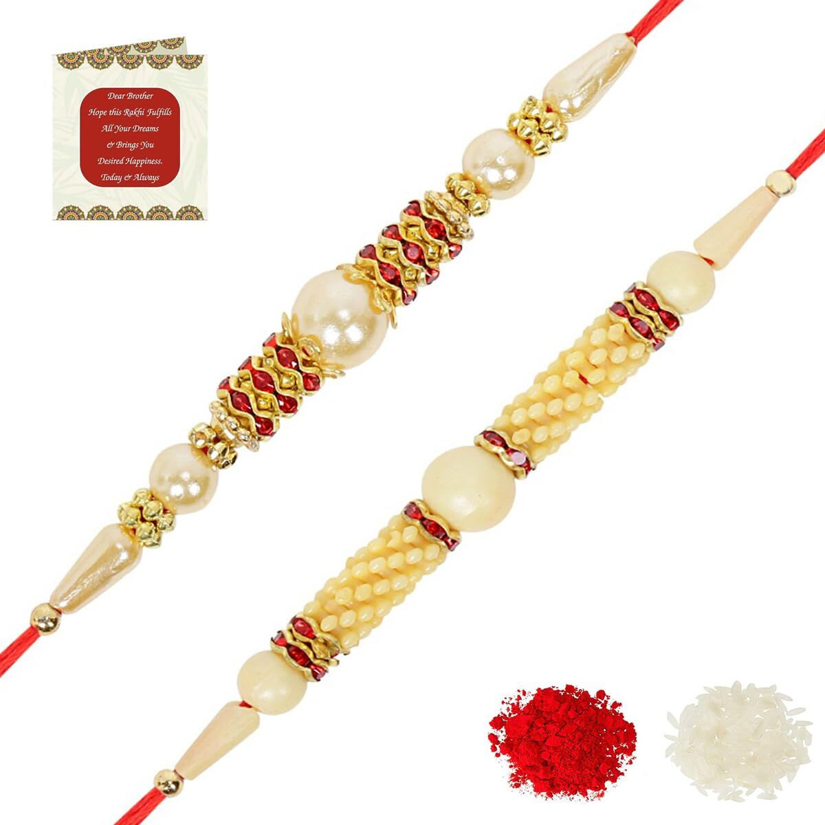Riddhika Ventures Lavish Pearl and Dimond Ring Rakhi (Set of 2) with Roli Chawal and Greeting Card (J1O1)