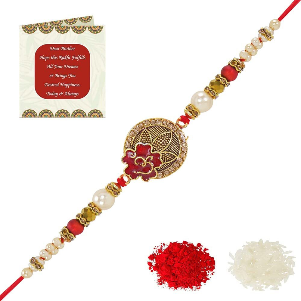 Riddhika Ventures Glorious Gold Plated Om and Diamond Ring Rakhi (Bracelet) with Roli Chawal and Greeting Card (K9)