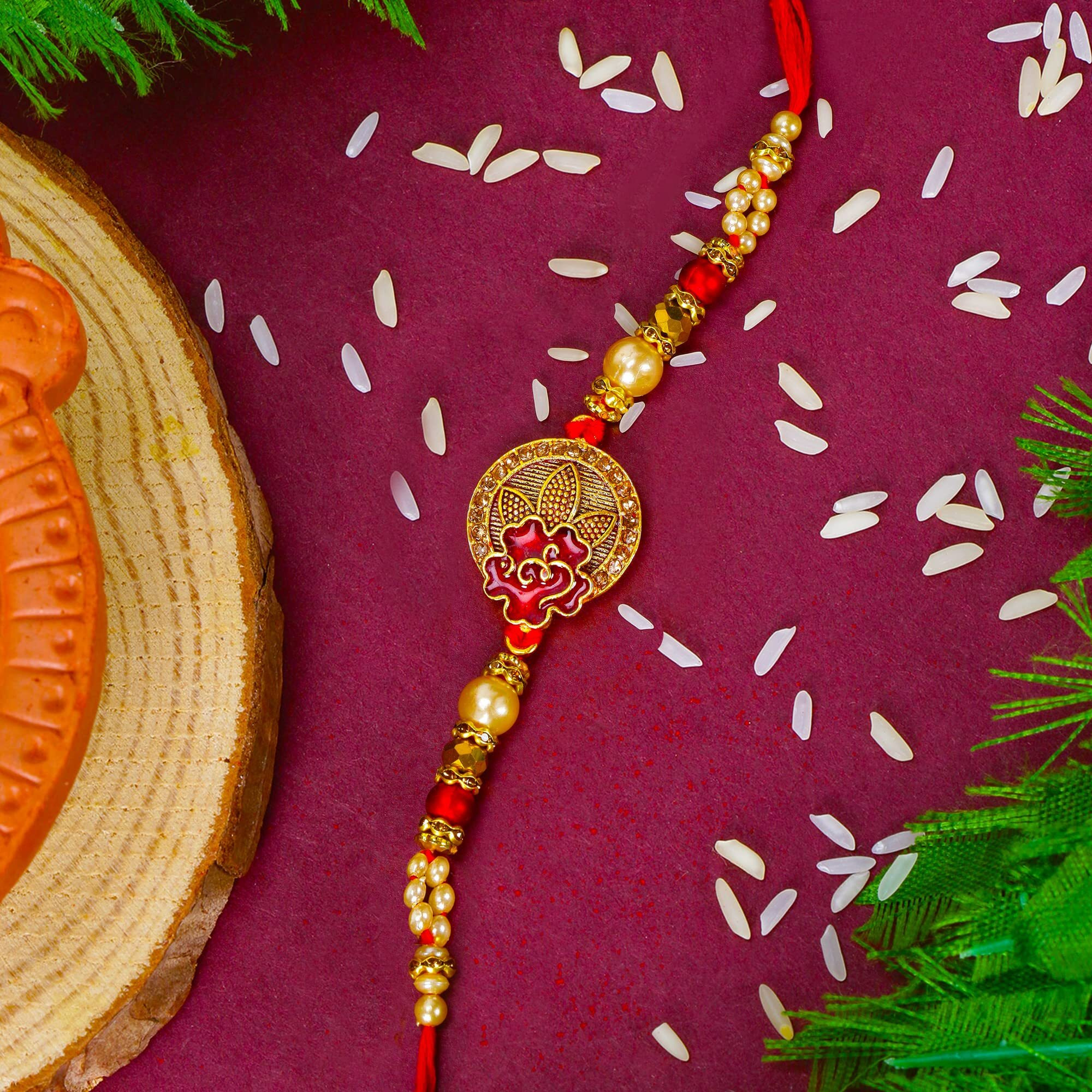 Riddhika Ventures Glorious Gold Plated Om and Diamond Ring Rakhi (Bracelet) with Roli Chawal and Greeting Card (K9)