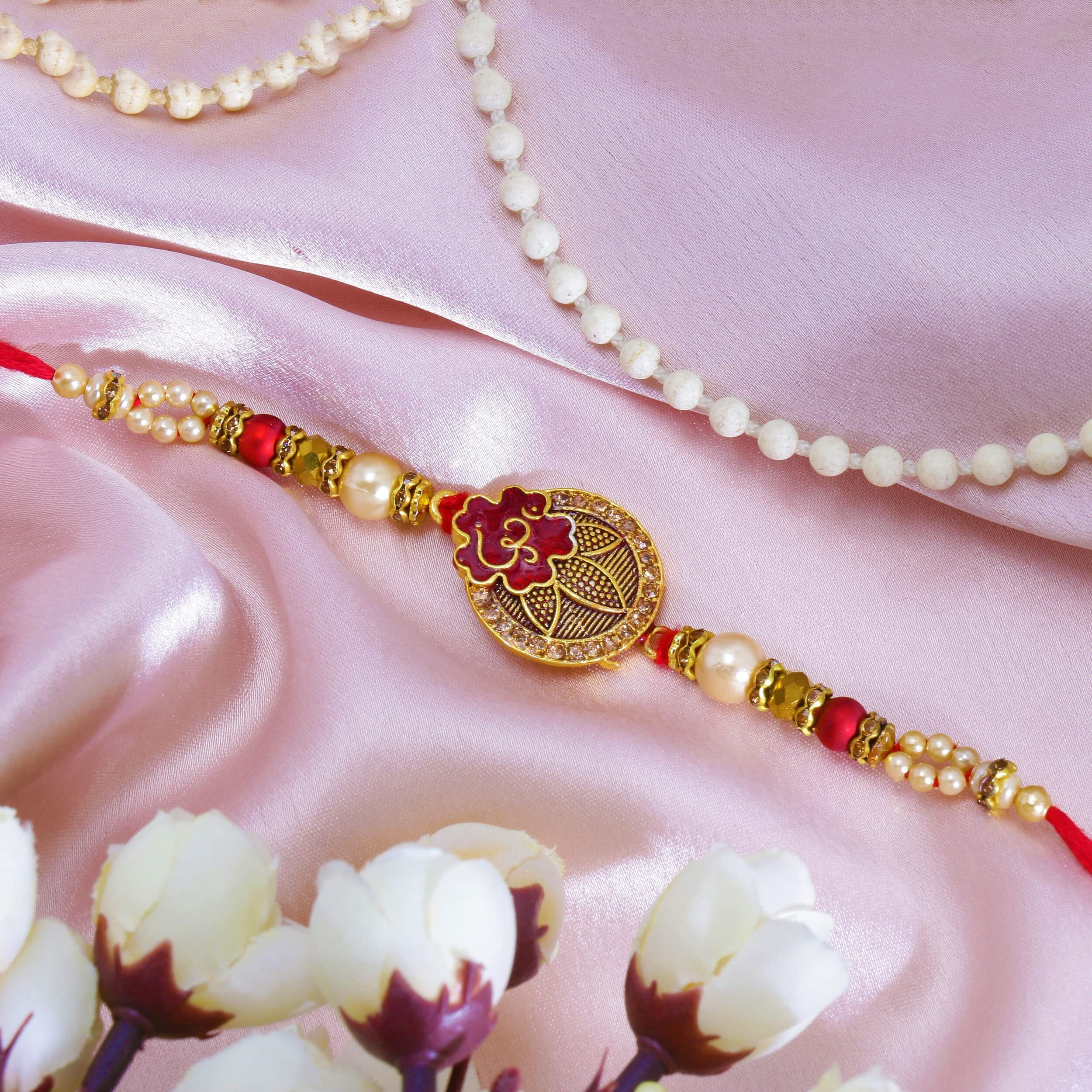 Riddhika Ventures Glorious Gold Plated Om and Diamond Ring Rakhi (Bracelet) with Roli Chawal and Greeting Card (K9)