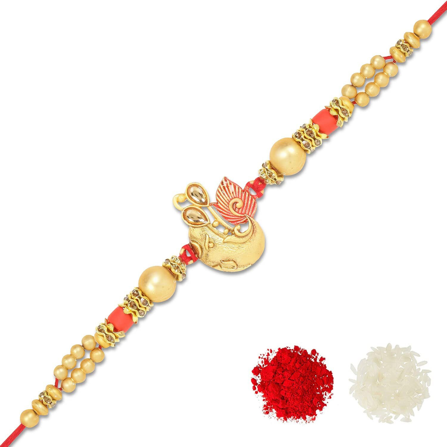Riddhika Ventures Glorious Gold Plated Om and Diamond Ring Rakhi (Bracelet) with Roli Chawal and Greeting Card (K5)