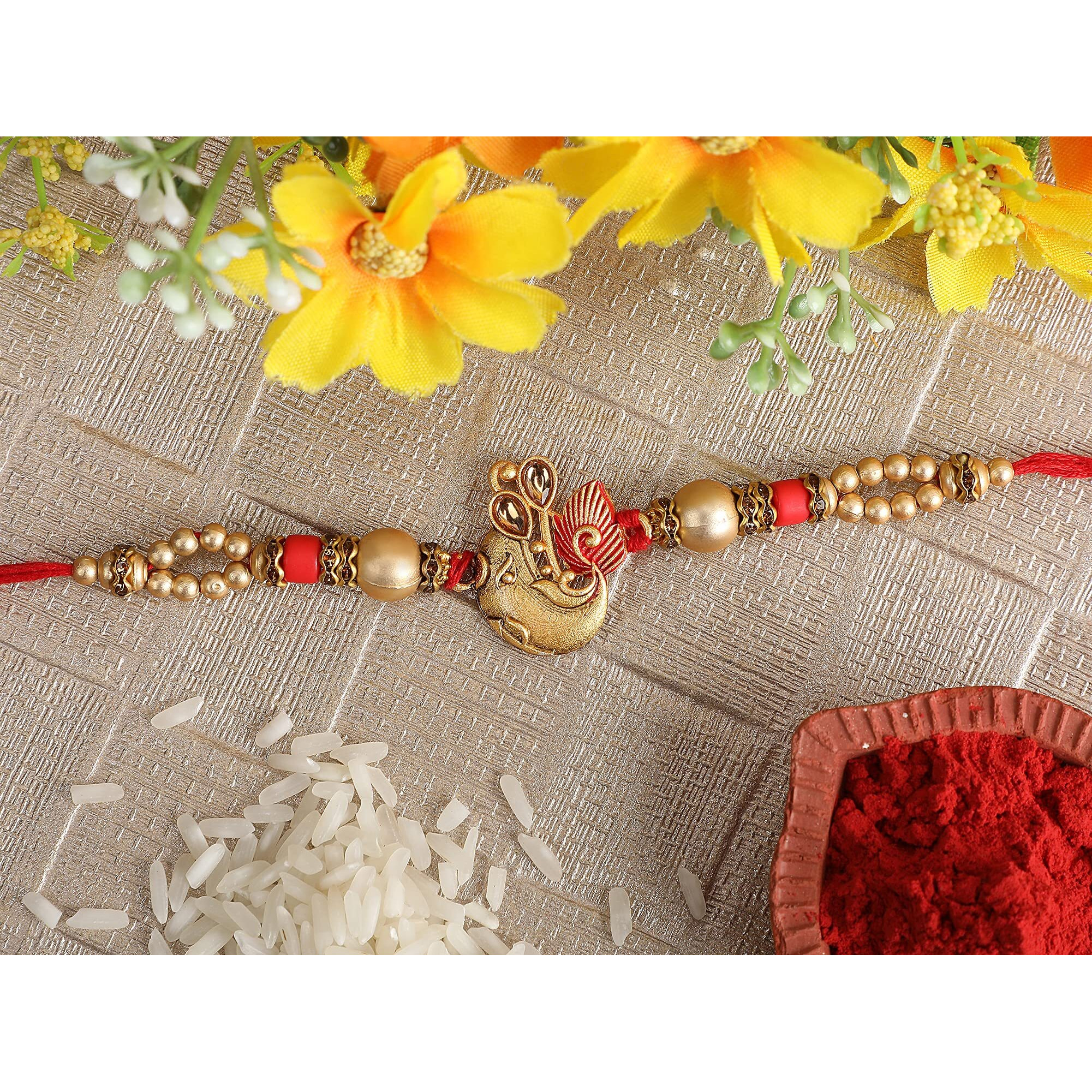 Riddhika Ventures Glorious Gold Plated Om and Diamond Ring Rakhi (Bracelet) with Roli Chawal and Greeting Card (K5)