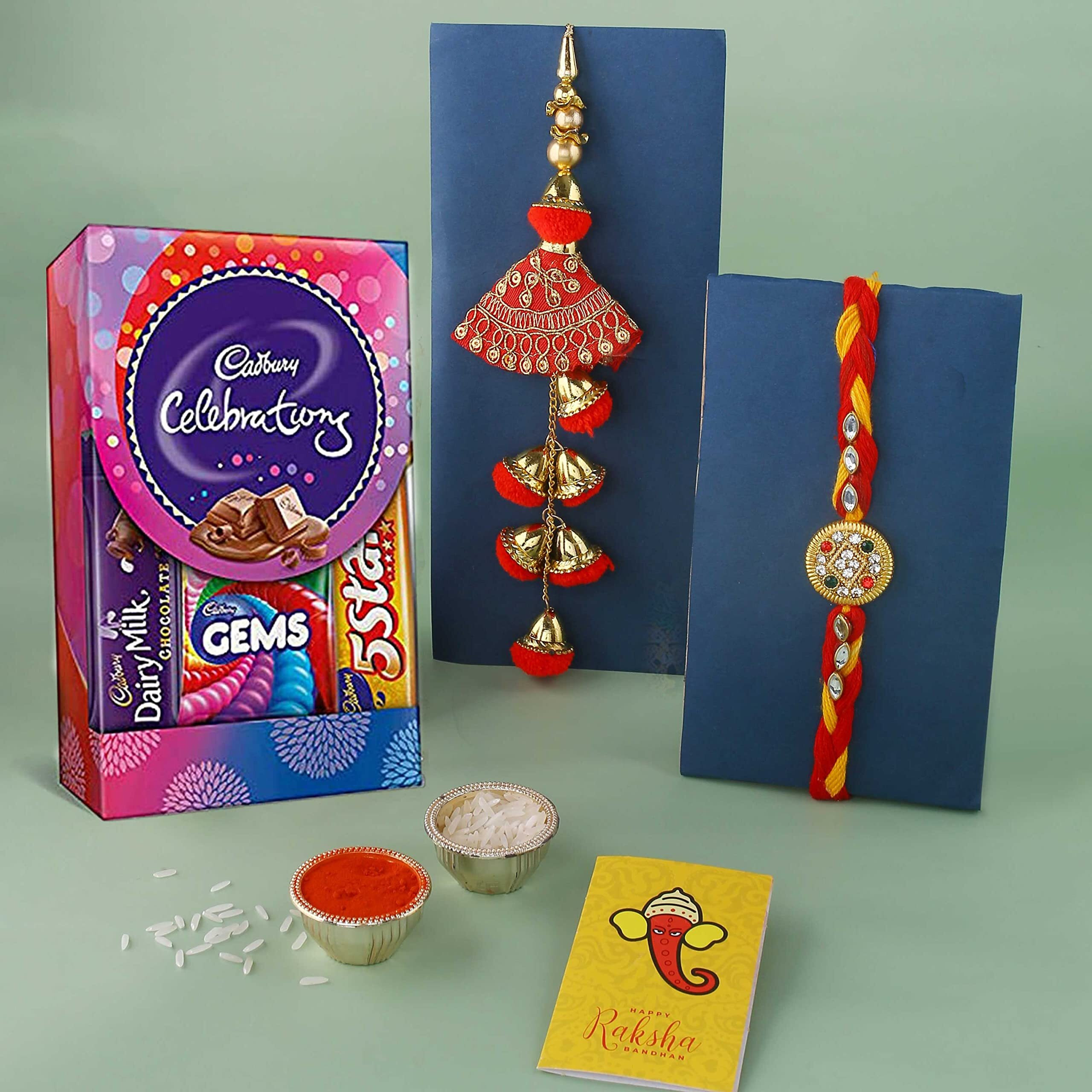 Rakhi for Brother Bhabhi with Cadbury Celebration Chocolates Pack, Rakhi Gift for Bhaiya Bhabhi with Rakshabandhan Greeting Card, Stone Studded Beaded Floral Rakhi for Brother Bhabhi with Cadbury,