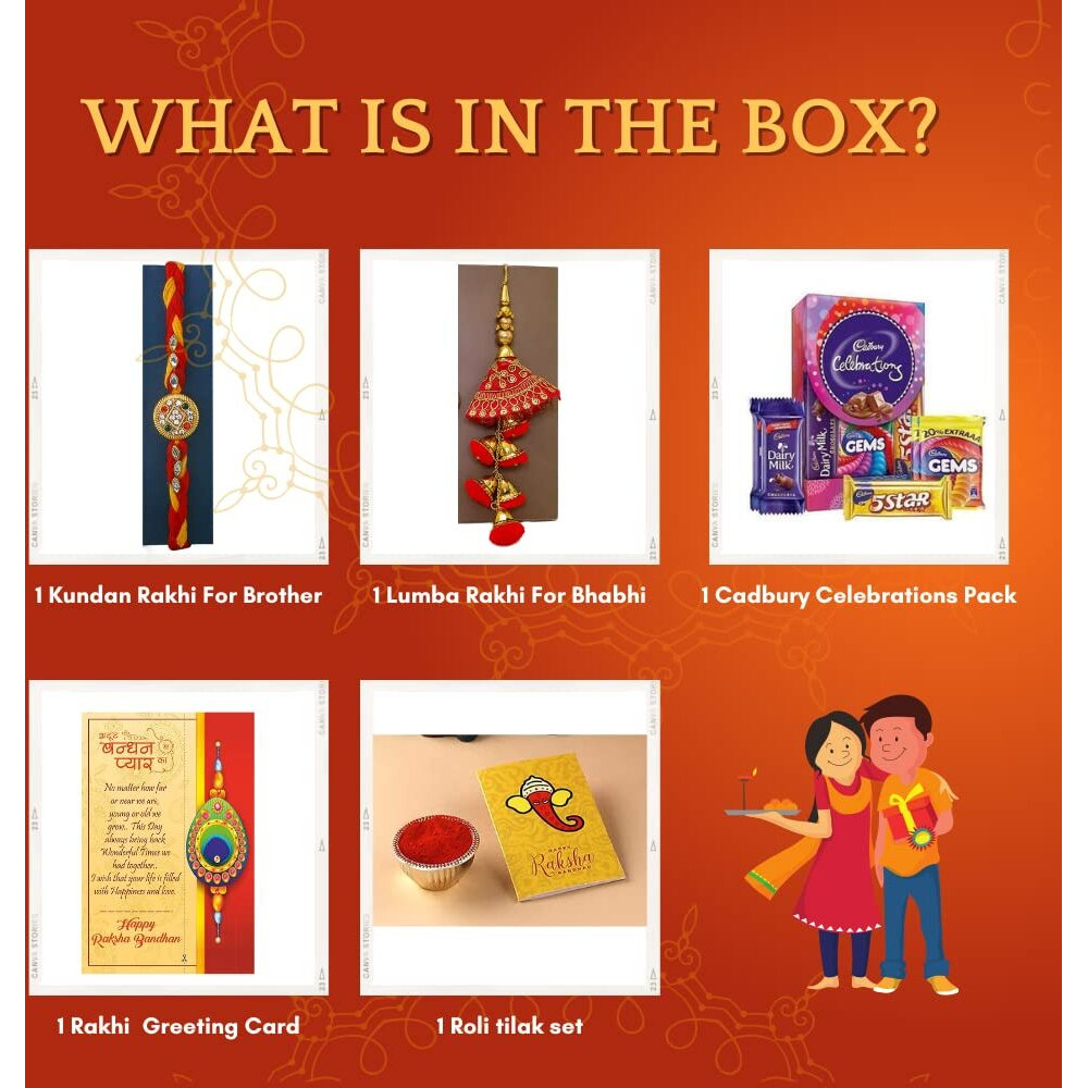 Rakhi for Brother Bhabhi with Cadbury Celebration Chocolates Pack, Rakhi Gift for Bhaiya Bhabhi with Rakshabandhan Greeting Card, Stone Studded Beaded Floral Rakhi for Brother Bhabhi with Cadbury,