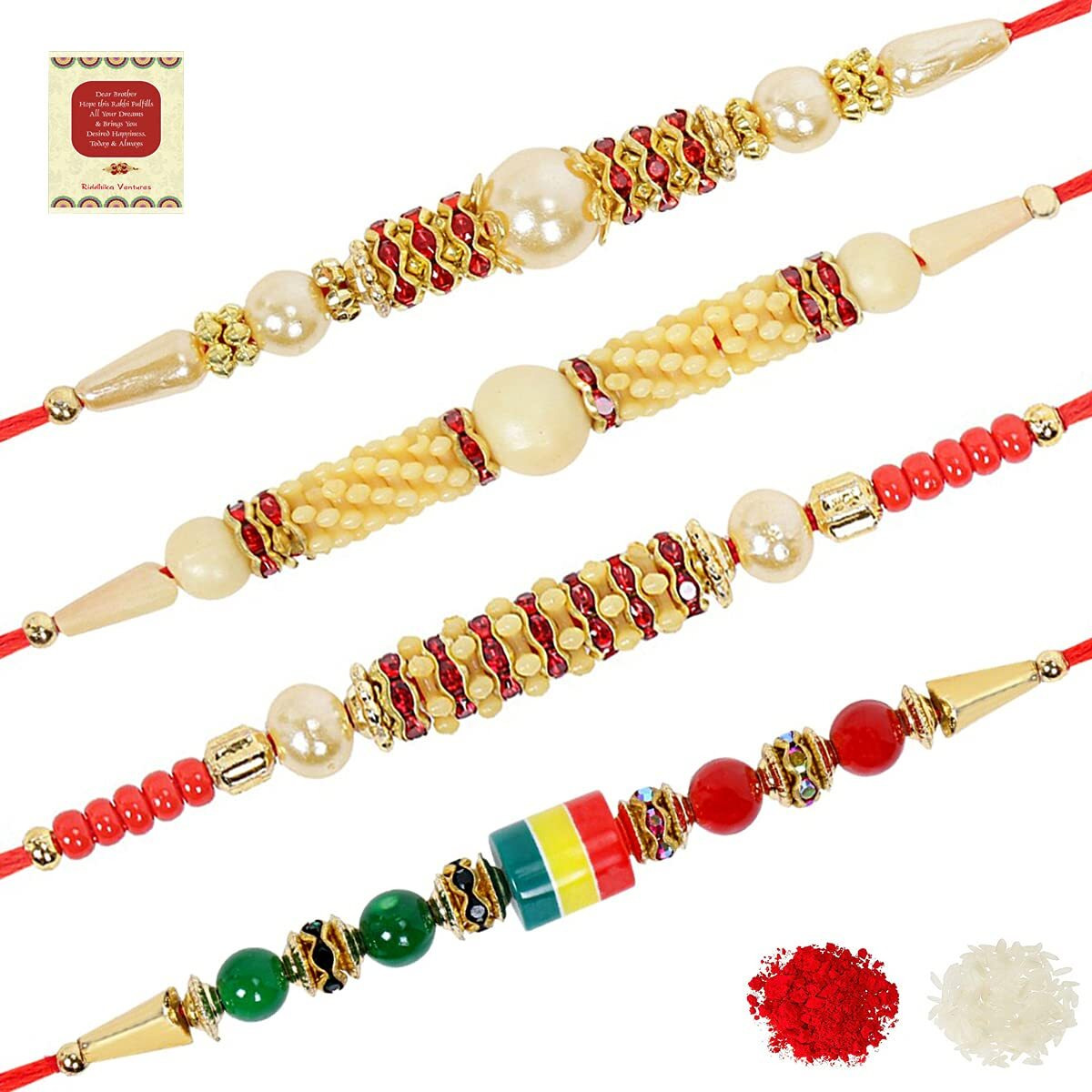 Riddhika Ventures Lavish Pearl and Dimond Ring Rakhi Bracelet with Roli Chawal and Greeting Card (J1K1O1D1)