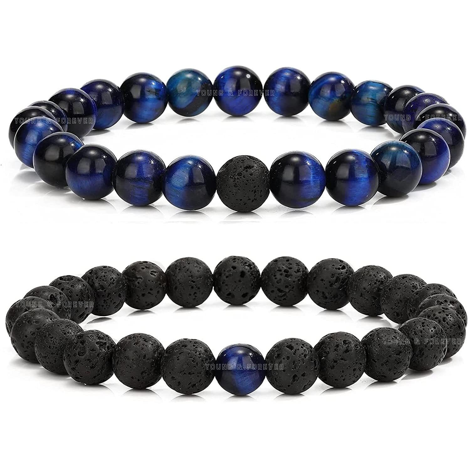 Young & Forever Gift Rakhi for Brother Mens Beaded Bracelets Lava Rock Stone Beads for Women Anxiety Volcanic Lava Bracelet Long Distance Relationships Blue Tiger Eye Couples Bracelets Set of 2 Gift