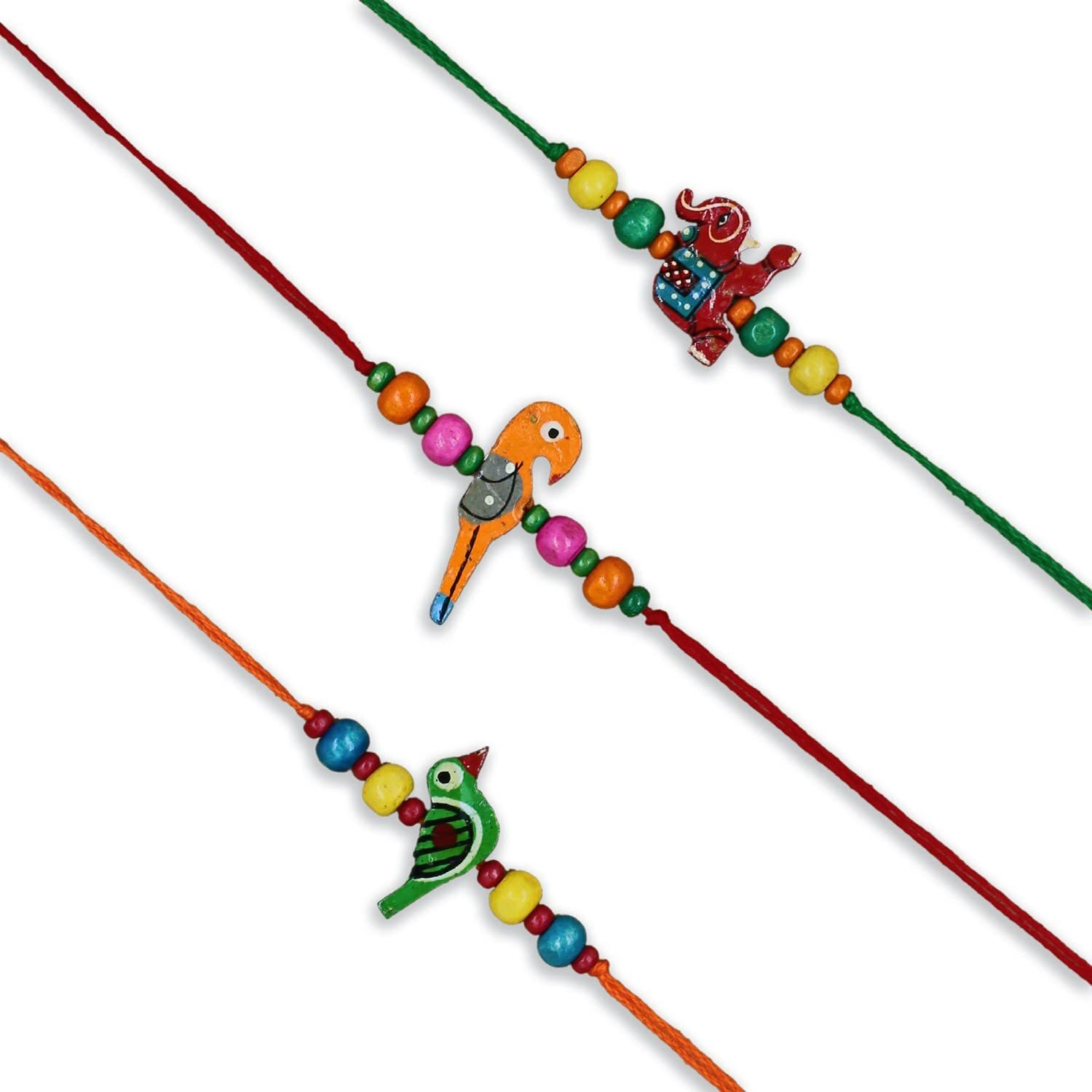 Prapti Handicrafts Handmade Wooden Bird Beads Rakhi for Brothers/Kids combo of (Pacl of 3)