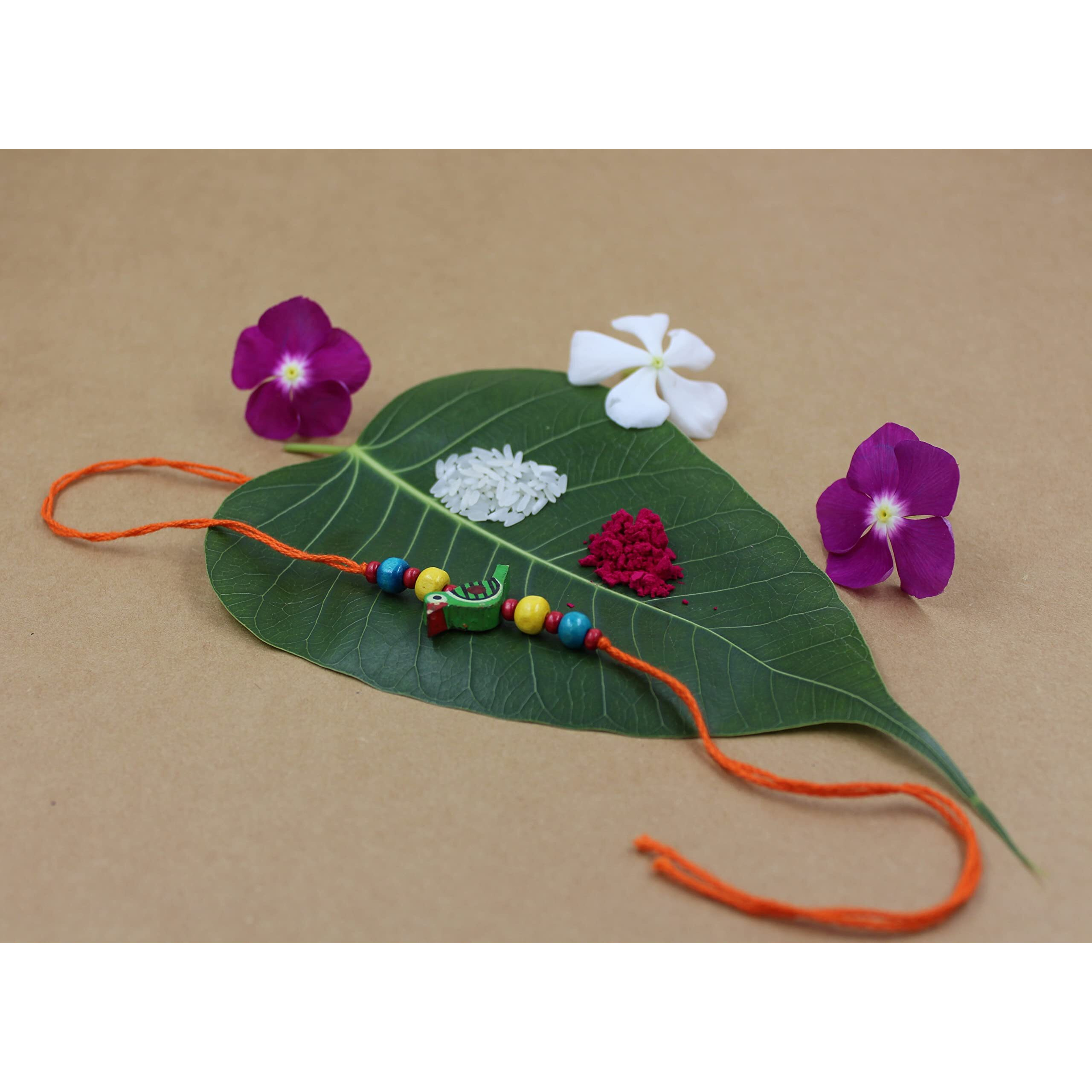 Prapti Handicrafts Handmade Wooden Bird Beads Rakhi for Brothers/Kids combo of (Pacl of 3)