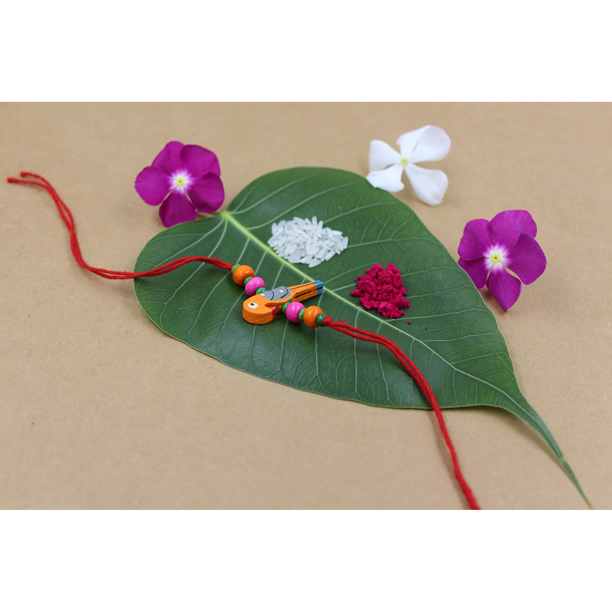 Prapti Handicrafts Handmade Wooden Bird Beads Rakhi for Brothers/Kids combo of (Pacl of 3)
