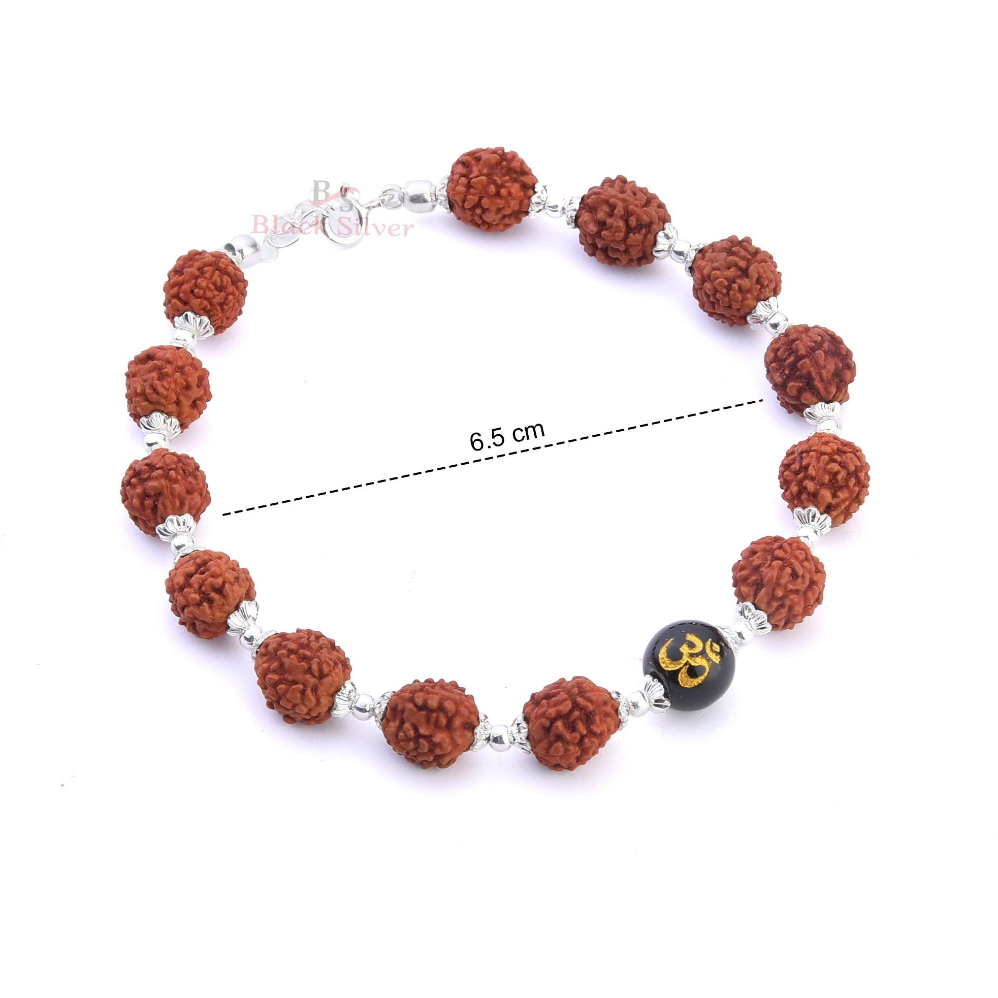 Black Silver Pure 925 Sterling Silver Om Rudraksha Bracelet/Rakhi With Flower Caps for Boys, Girls, Men & Women | Traditional Rakshabandhan Rakhi For Brother & Bhabhi