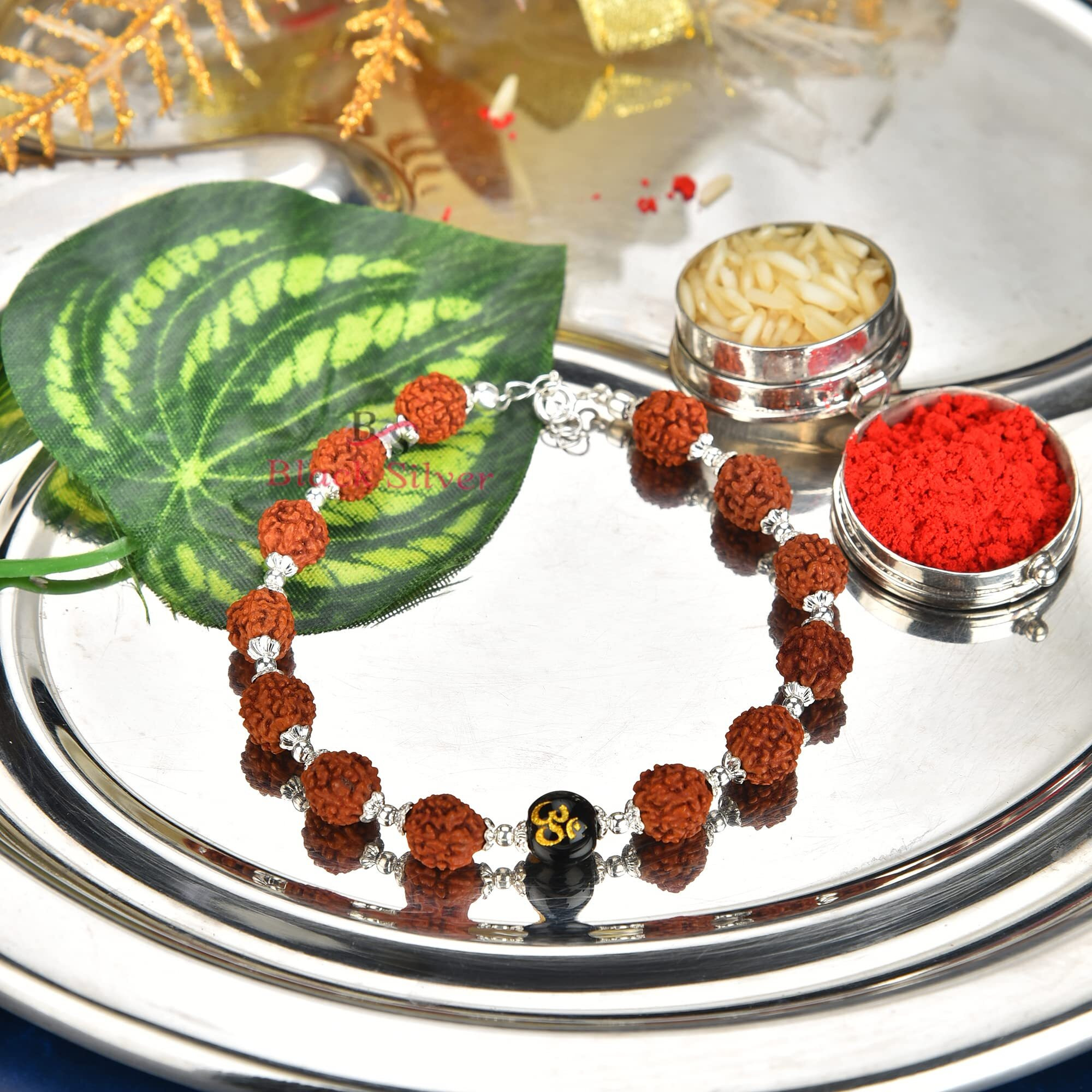 Black Silver Pure 925 Sterling Silver Om Rudraksha Bracelet/Rakhi With Flower Caps for Boys, Girls, Men & Women | Traditional Rakshabandhan Rakhi For Brother & Bhabhi