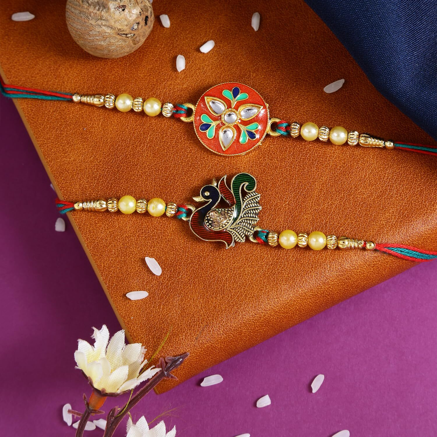 Riddhika Ventures Religious Meenakari Peocock and Stylish Kundan Rakhi (Set of 2) with Roli Chawal, Greeting Card and and One Motivational Keychain (P2P7K)