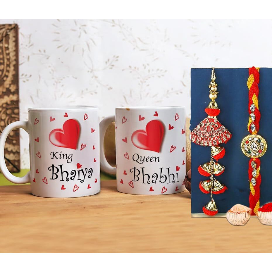 Rakhi With Gift for brother and bhabhi mDesigner Rakhi set of 2, Raksha Bandhan Gift for Bhaiya Bhabhi, Rakhi with Mug Rakhi for Bhabhi with Set of 2 Printed Coffee Mug (Kundan - Lumba Rakhi Set)