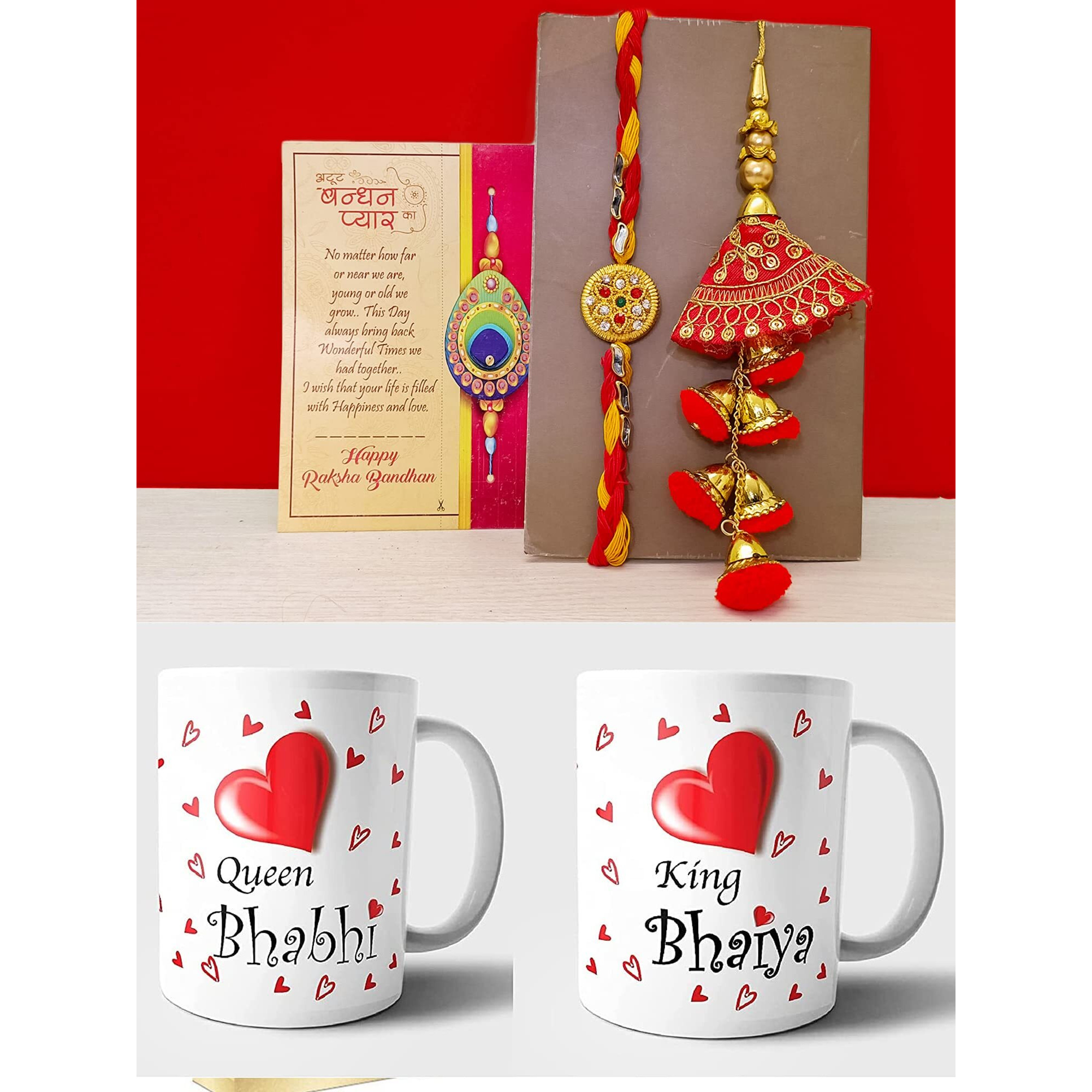 Rakhi With Gift for brother and bhabhi mDesigner Rakhi set of 2, Raksha Bandhan Gift for Bhaiya Bhabhi, Rakhi with Mug Rakhi for Bhabhi with Set of 2 Printed Coffee Mug (Kundan - Lumba Rakhi Set)