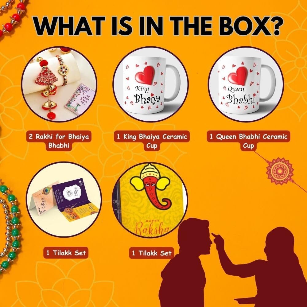 Rakhi With Gift for brother and bhabhi mDesigner Rakhi set of 2, Raksha Bandhan Gift for Bhaiya Bhabhi, Rakhi with Mug Rakhi for Bhabhi with Set of 2 Printed Coffee Mug (Kundan - Lumba Rakhi Set)