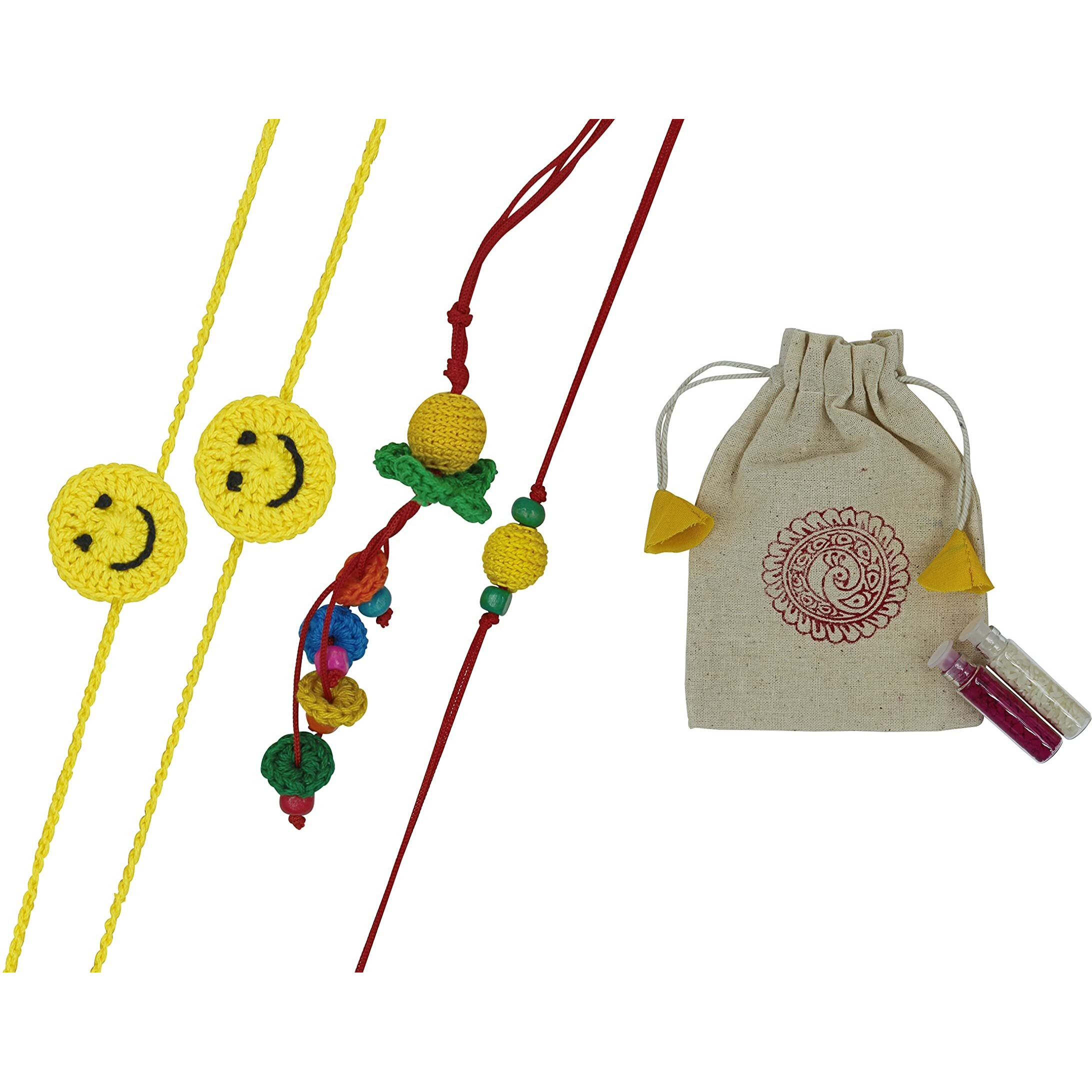 Prapti Handicrafts Handmade Embroidery Crochet Rakhi for Bhai/Bhabhi with Roli Chawal (Pack of 4)