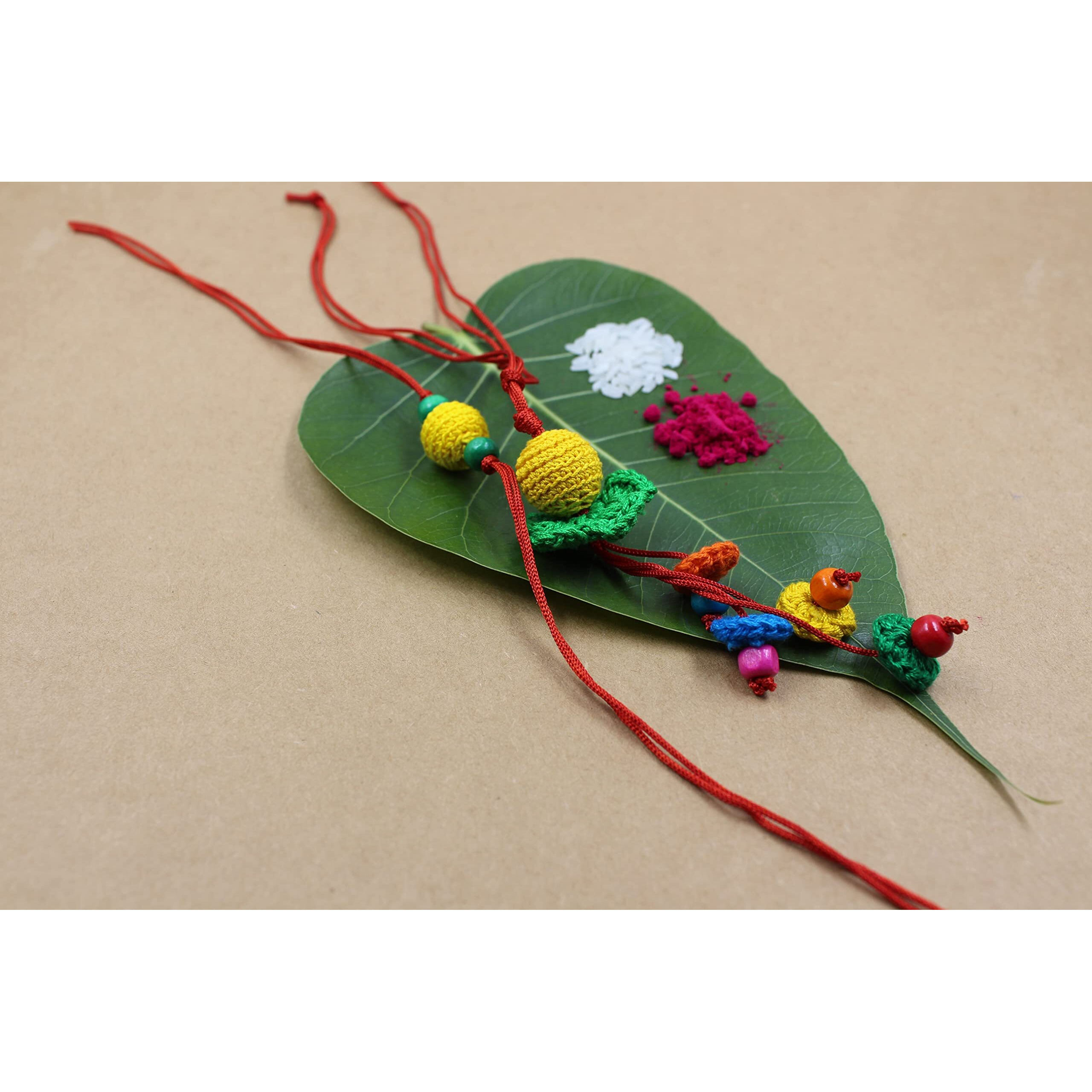 Prapti Handicrafts Handmade Embroidery Crochet Rakhi for Bhai/Bhabhi with Roli Chawal (Pack of 4)