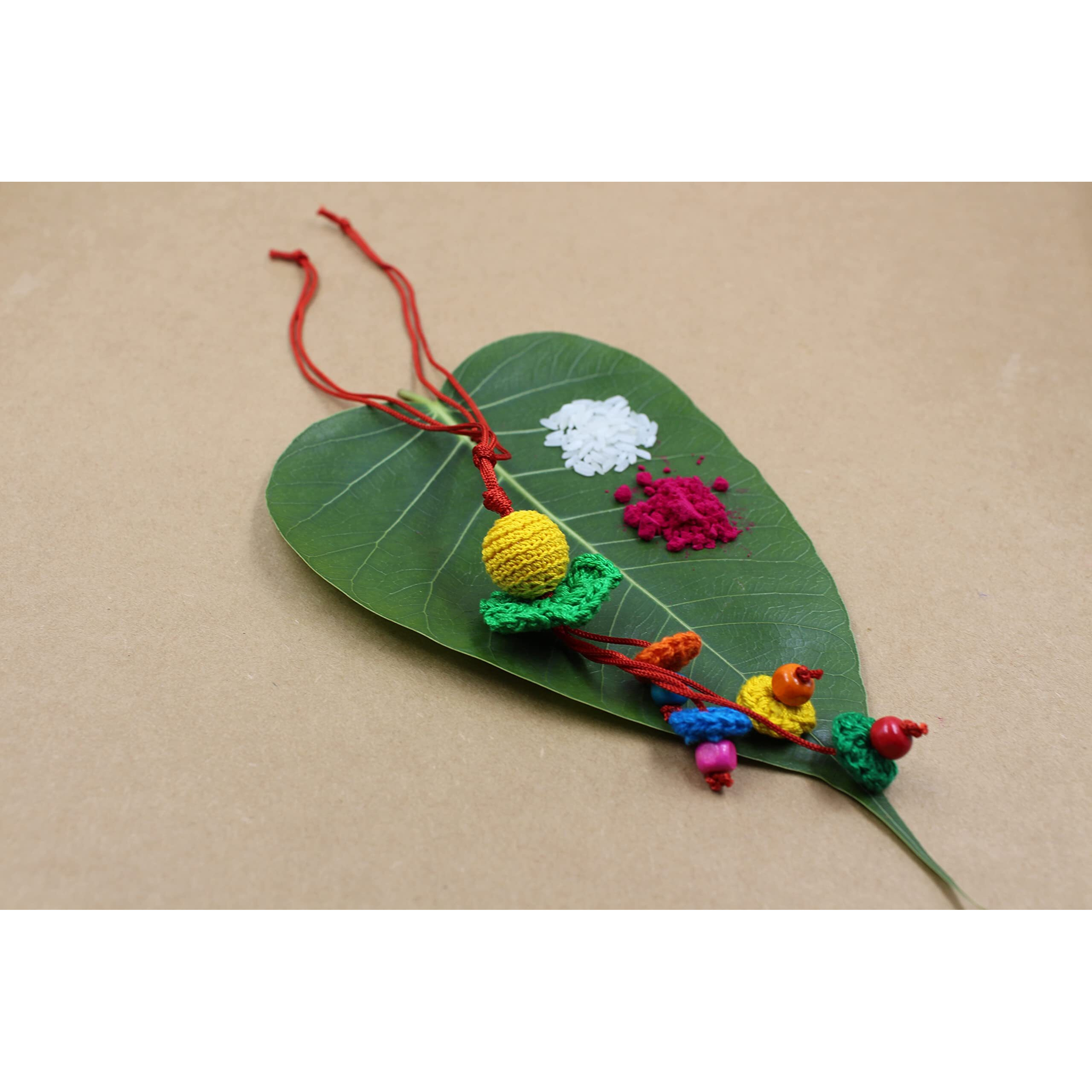 Prapti Handicrafts Handmade Embroidery Crochet Rakhi for Bhai/Bhabhi with Roli Chawal (Pack of 4)