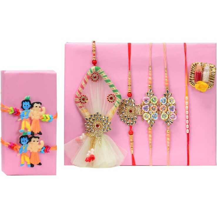 NUTRI MIRACLE Sustainable Celebrations Dry Fruits & Rakhi Gift Hamper for Brother Bhabhi, 7 Rakhi, Roli, Chaval Combo Pack