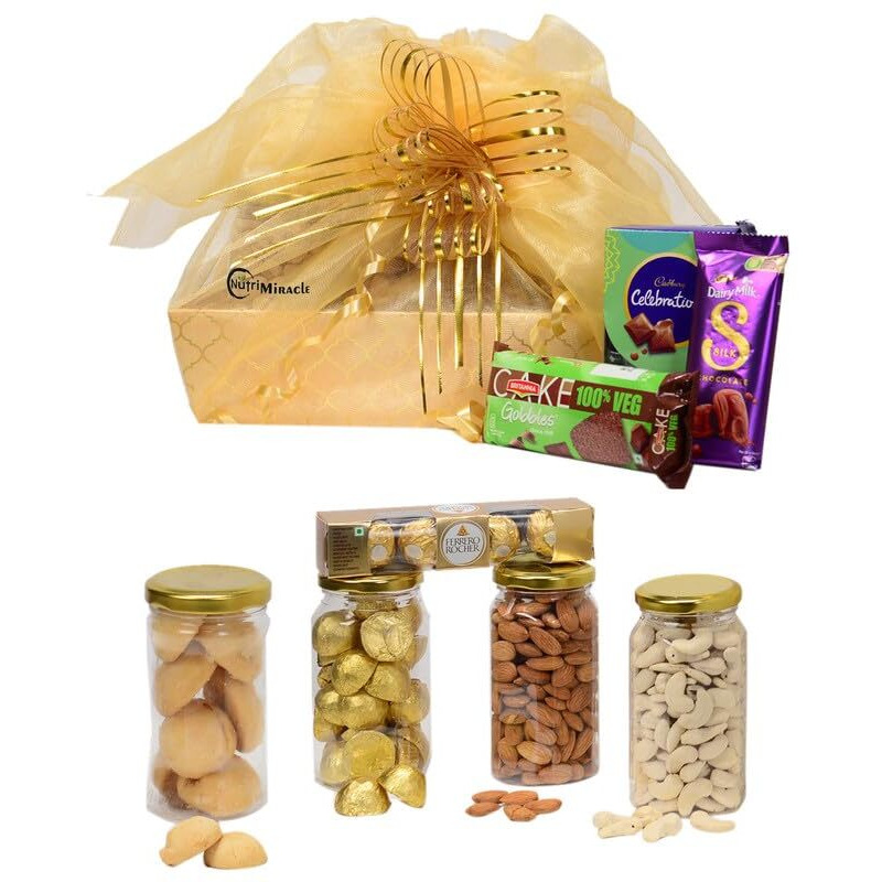 NUTRI MIRACLE Sustainable Celebrations Dry Fruits & Rakhi Gift Hamper for Brother Bhabhi, 7 Rakhi, Roli, Chaval Combo Pack