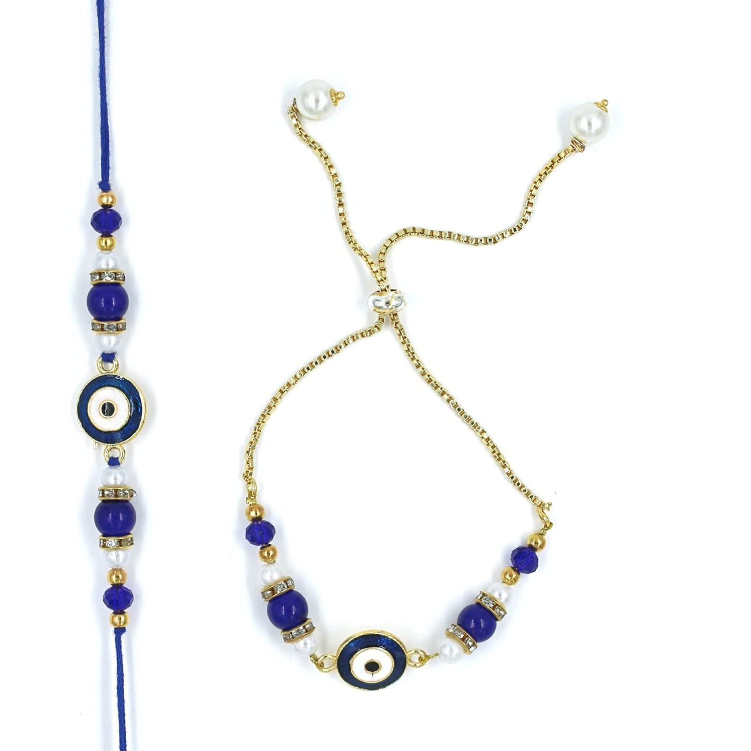 Prapti Handicrafts Evil Eyes Rakhis For Brother Designer Bracelet For Bhai Bhabhi Rakhi/Nazar Battu With Roli Chawal (Pack Of 2) For Unisex Adult
