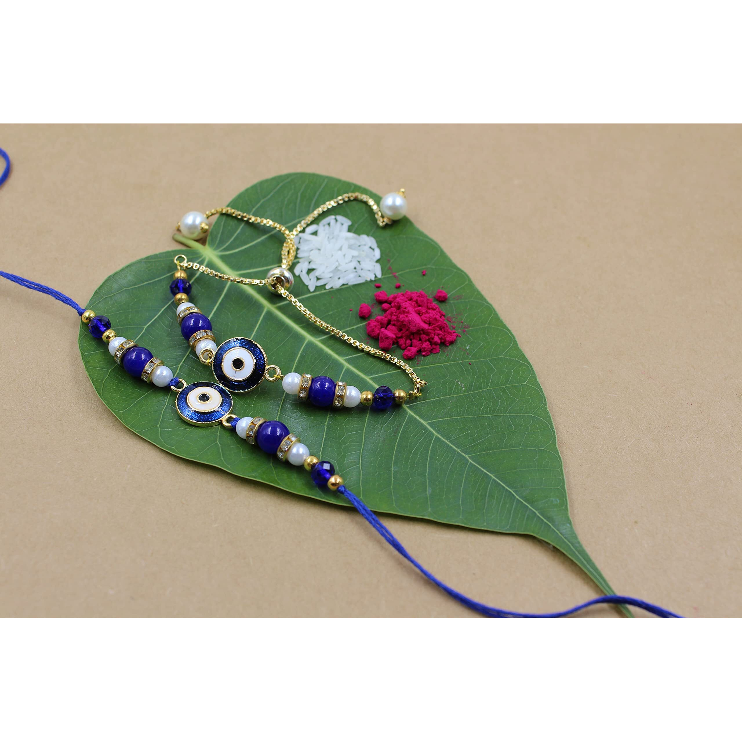 Prapti Handicrafts Evil Eyes Rakhis For Brother Designer Bracelet For Bhai Bhabhi Rakhi/Nazar Battu With Roli Chawal (Pack Of 2) For Unisex Adult