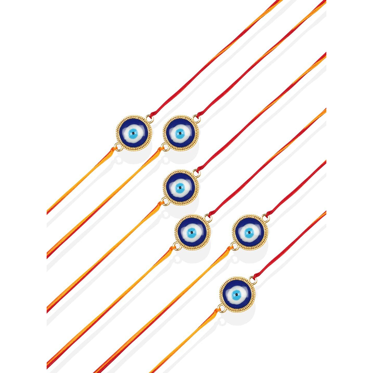 ACCESSHER Delicate Single Thread Elegant and Stylish Evil Eye Rakhi for Beloved Brother & Gifting with Roli Kumkum Packets & Happy Rakshabandhan Card (Pack of 6)